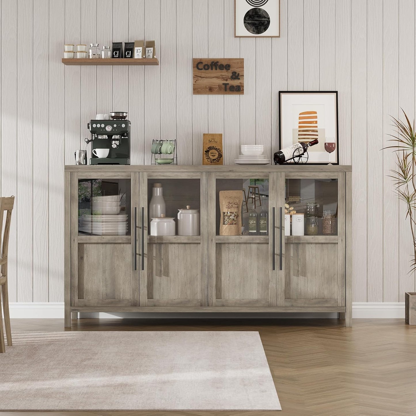 GarveeHome Sideboard Buffet Cabinet with 4 Glass Doors, 55" Buffet Table Coffee Bar Wine Bar Display Cabinet for Kitchen Dining Room, Living Room (Grey, Glass with 4 Doors)