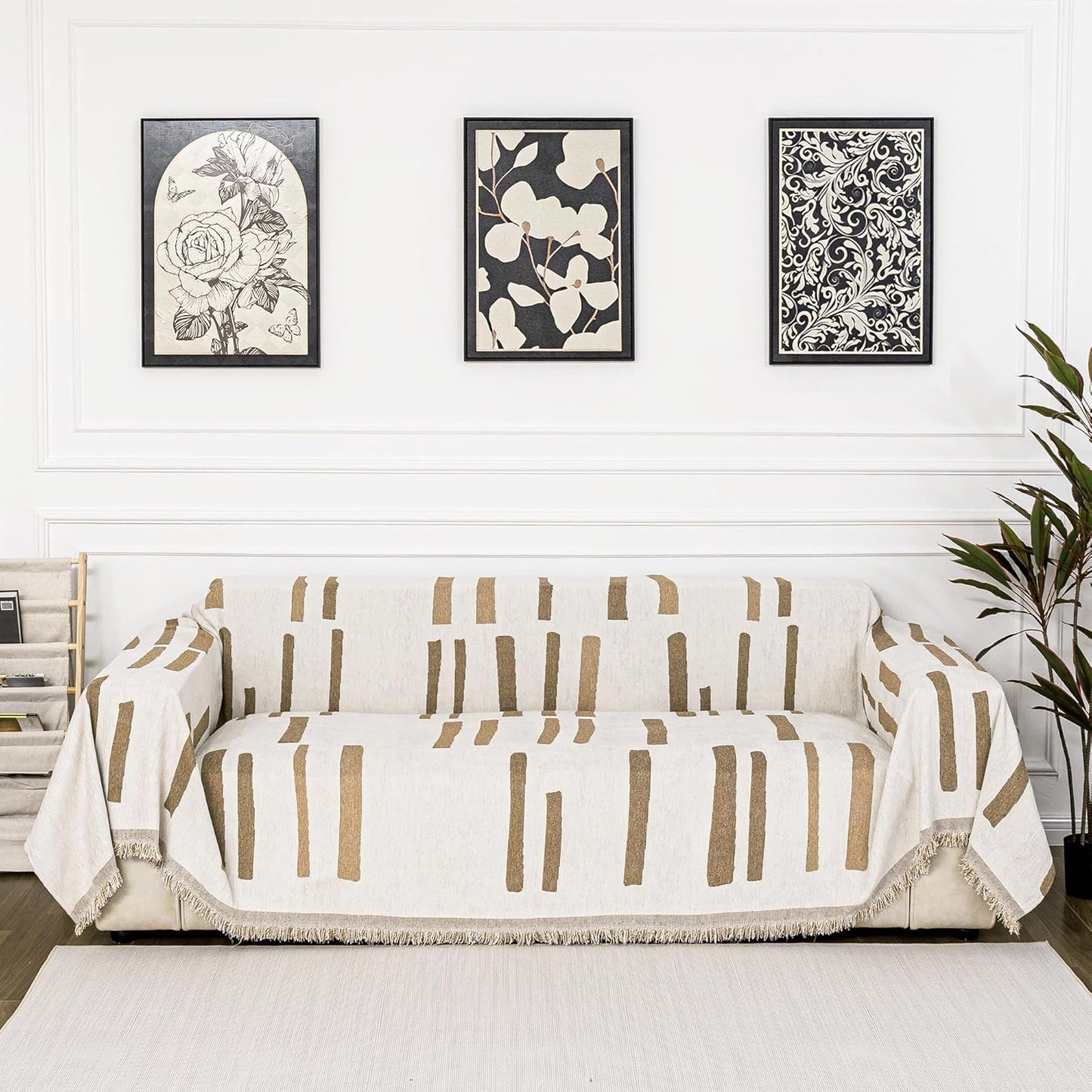 MYSKY HOME Sofa Covers for Sectional Sofa, Couch Cover for Dogs, Couch Covers with Tassel Loveseat Covers Futon Cover L Shaped Cover Washable Chenille Couch Protector, 71" x 102", Khaki Piano Key