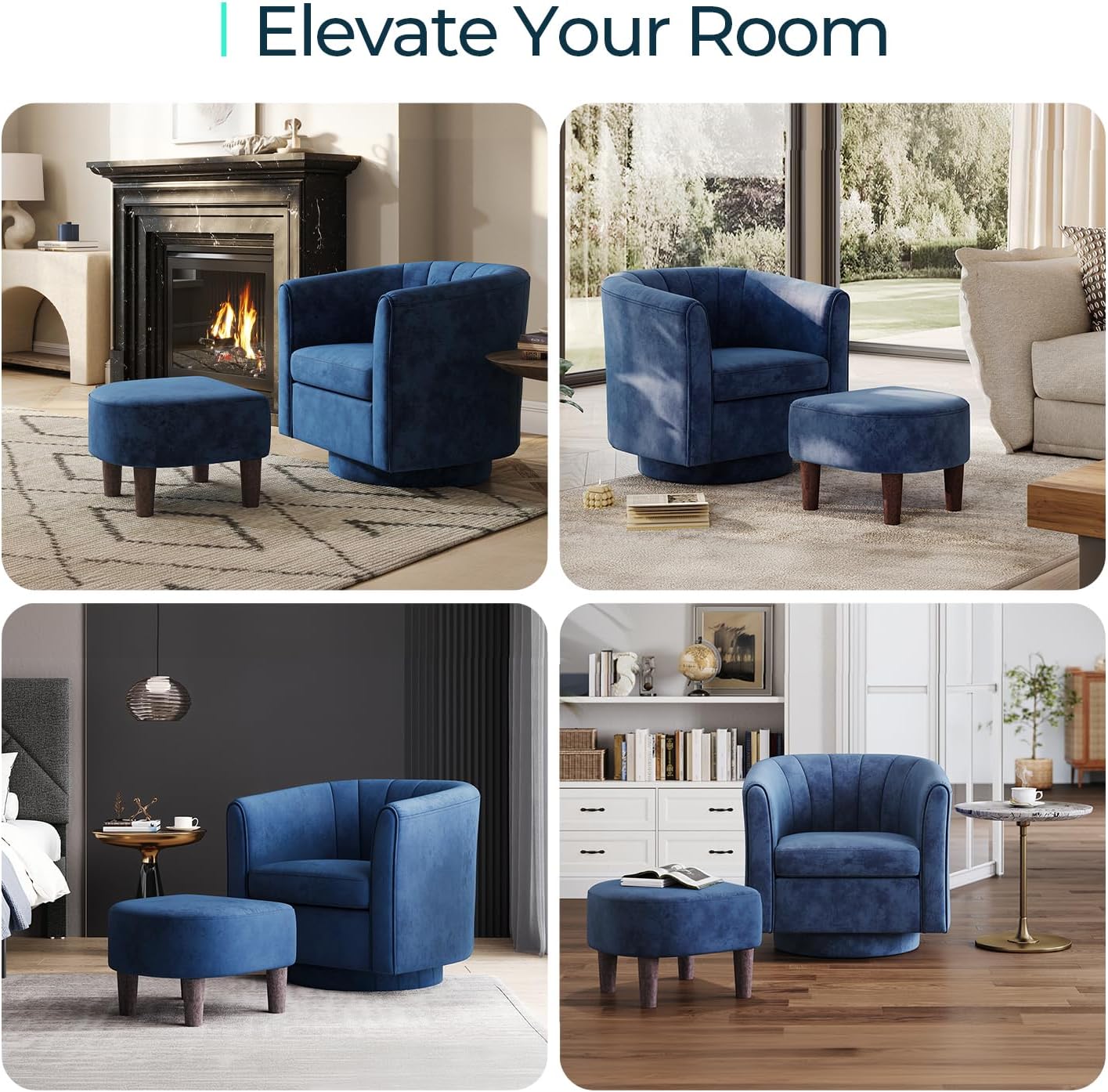 LINSY Swivel Accent Chair with Ottoman: Small Velvet Barrel Chair 360 Swivel Modern Armchair, Upholstered Reading Chair with Footrest for Living Room Bedroom Study Room (Blue)