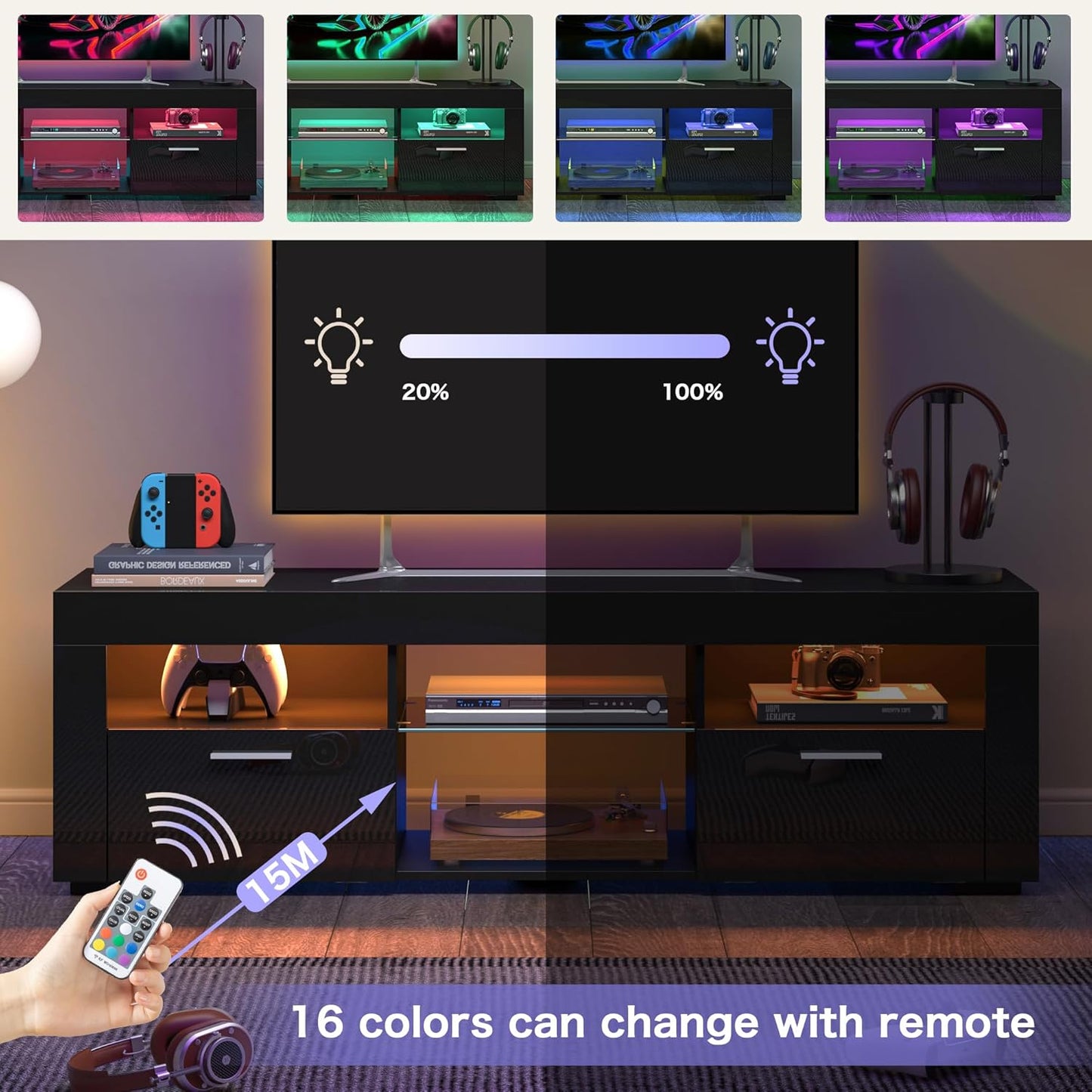 55" TV Stand for Living Room, High-Gloss Entertainment Center for 55 Inch TV, Spacious Storage Cabinet for Living Room & Bedroom (Black)