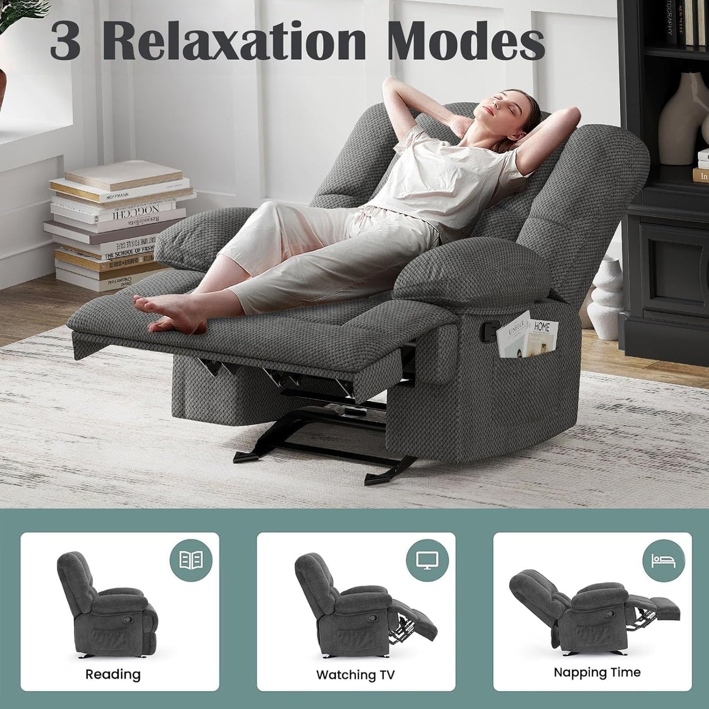 Oversized Rocker Recliner Chair, Wide Rocker Chair with Adjustable Backrest Footrest, Oversized Recliner for Adults, Reclining Sofa for Living Room, Grey