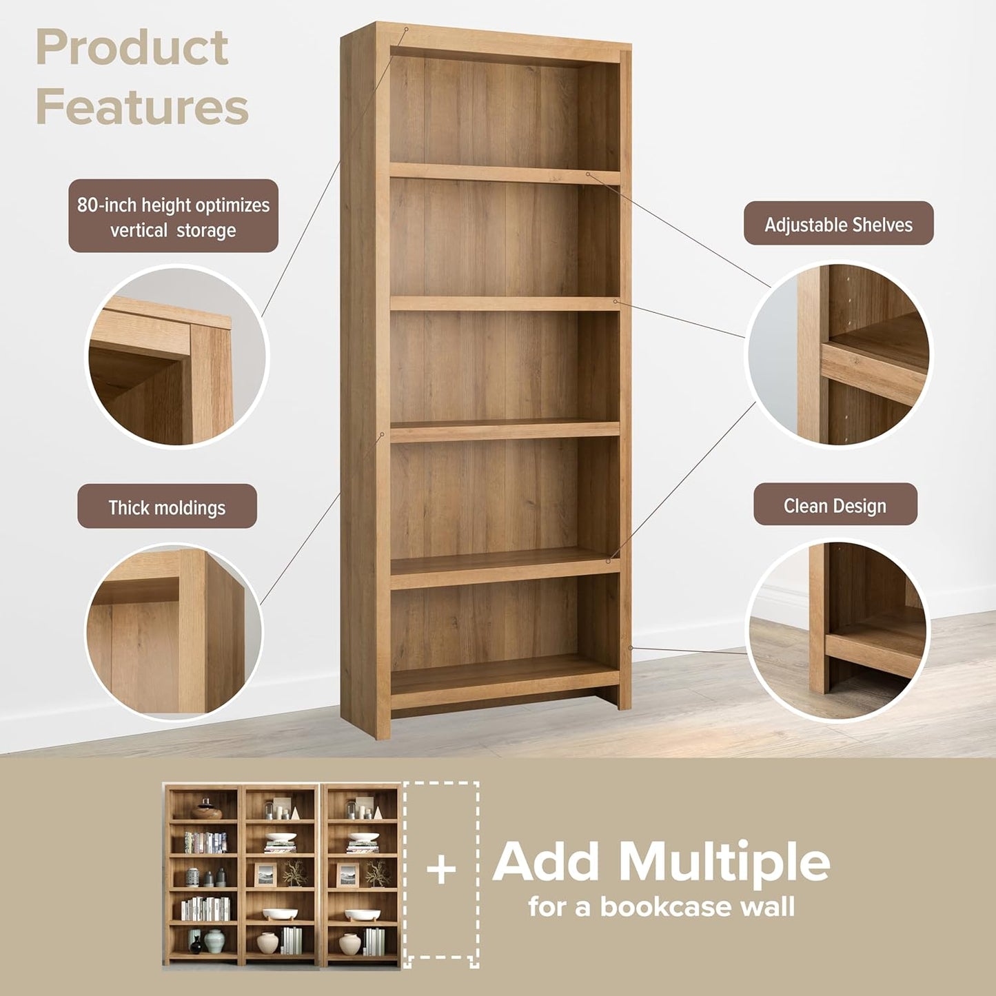 Prepac Moda 5-Tier Tall Wooden Bookcase, Oak Storage Cabinet, Display Cabinet, Bookshelf with Storage Shelves 31.75" W x 80" H x 12" D for Home Office, Living Room, Bedroom Organizer