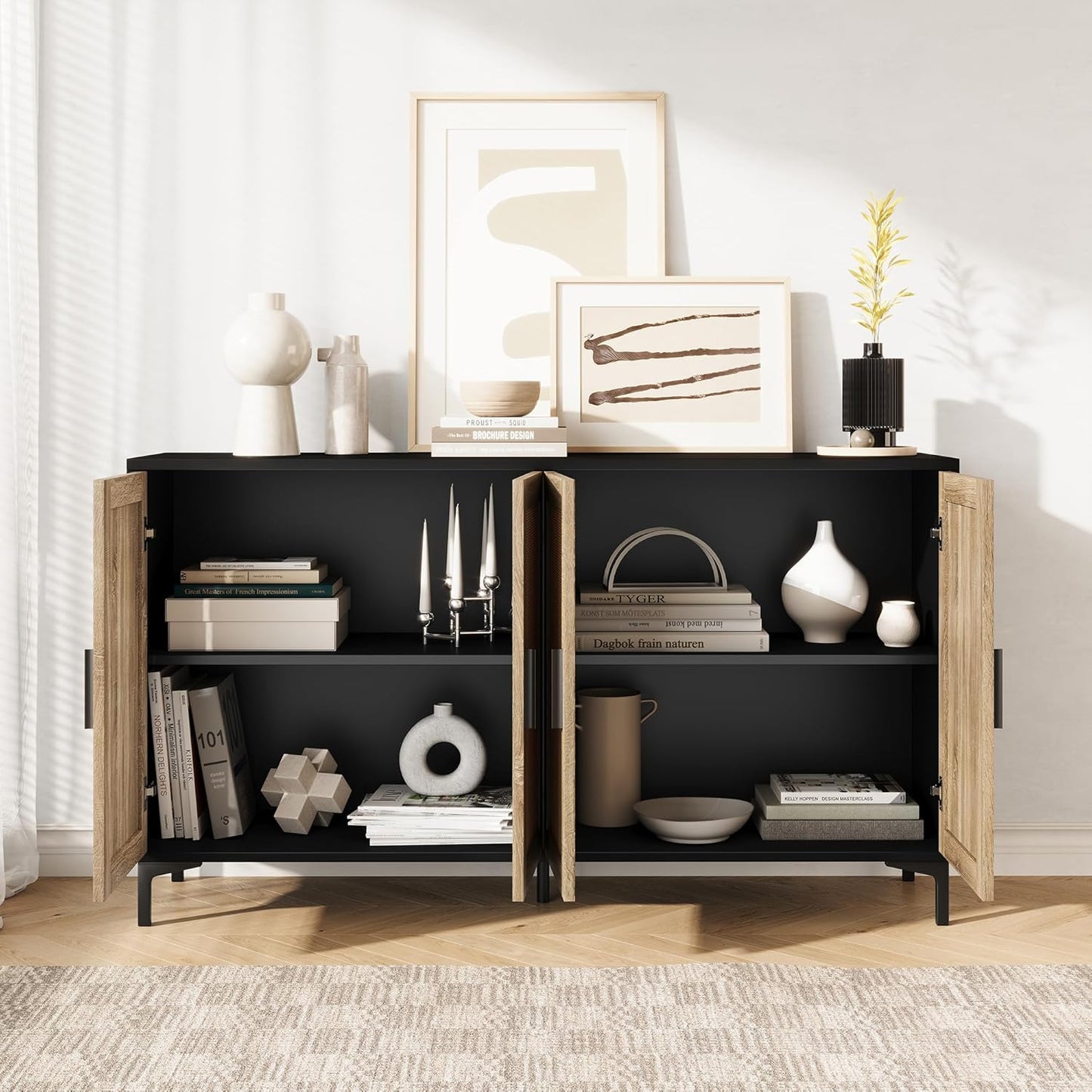 Sideboard - Buffet Cabinet with Storage, Rattan Kitchen Buffet Cabinet Accent Sideboard Cabinets with Doors, Coffee Bar Cabinets Rattan Sideboards for Living Room, Entryway, Black