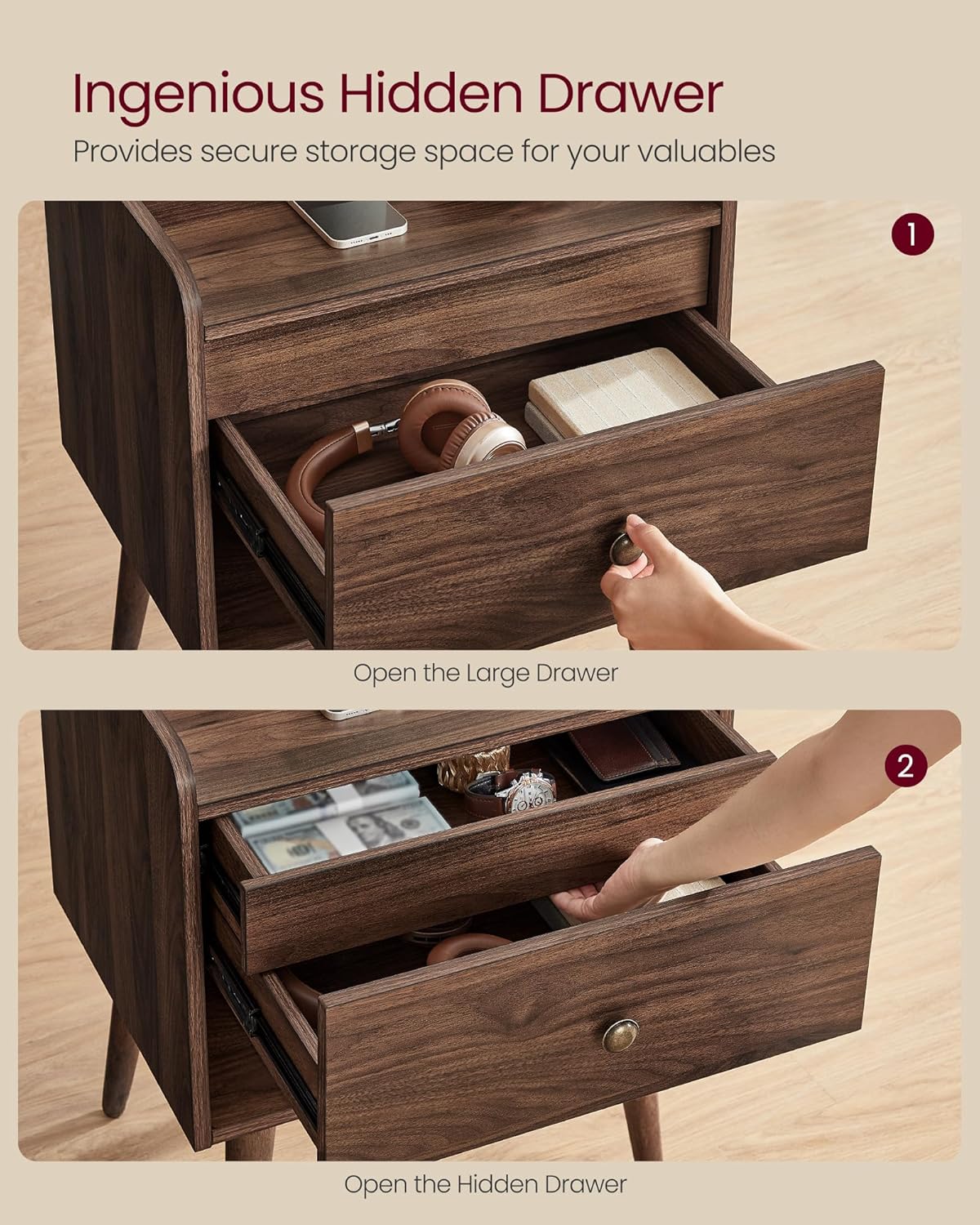 VASAGLE Nightstands, Set of 2, Bedside Tables with Hidden Drawers, Mid-Century End Side Tables with Solid Wood Legs, for Bedroom, Natural Walnut ULET624K01