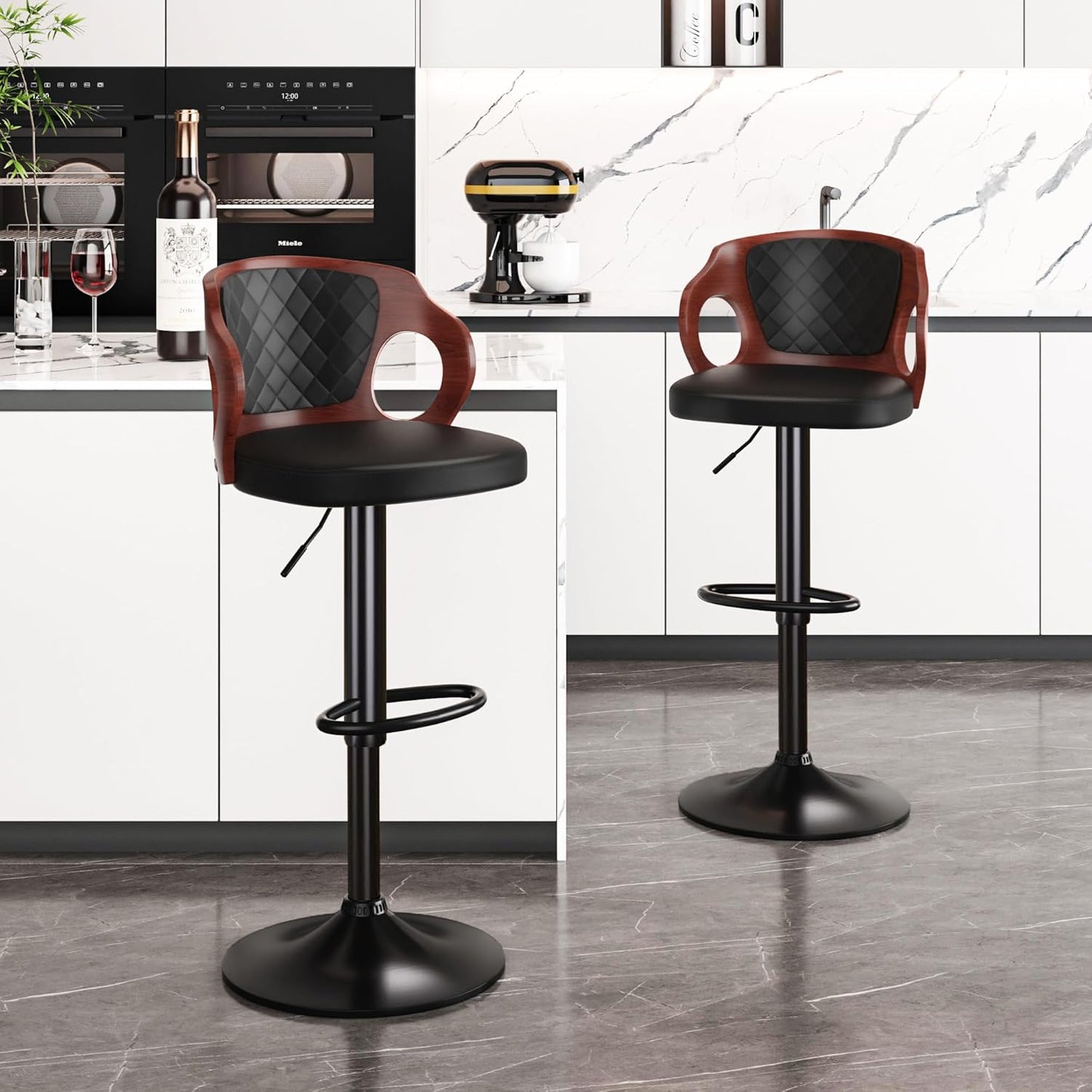 VECELO BarStools Set of 2,Counter Height Stools with Bentwood Back&Arm, Swivel Barstools,PU Leather Kitchen Island Stools, Adjustable Height Bar Chairs for Club Pub Dining Room,Black