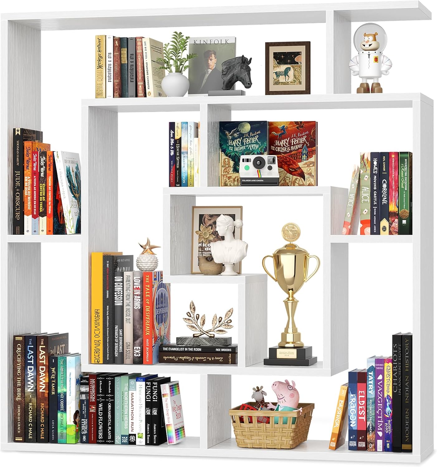 Armocity 6 Tier Display Book Shelf Wall Mounted Bookshelf Freestanding Geometric Bookcase Floating Book Shelves for Wall Bedroom Living Room Home Office, 45.5"(W) * 47"(H), White