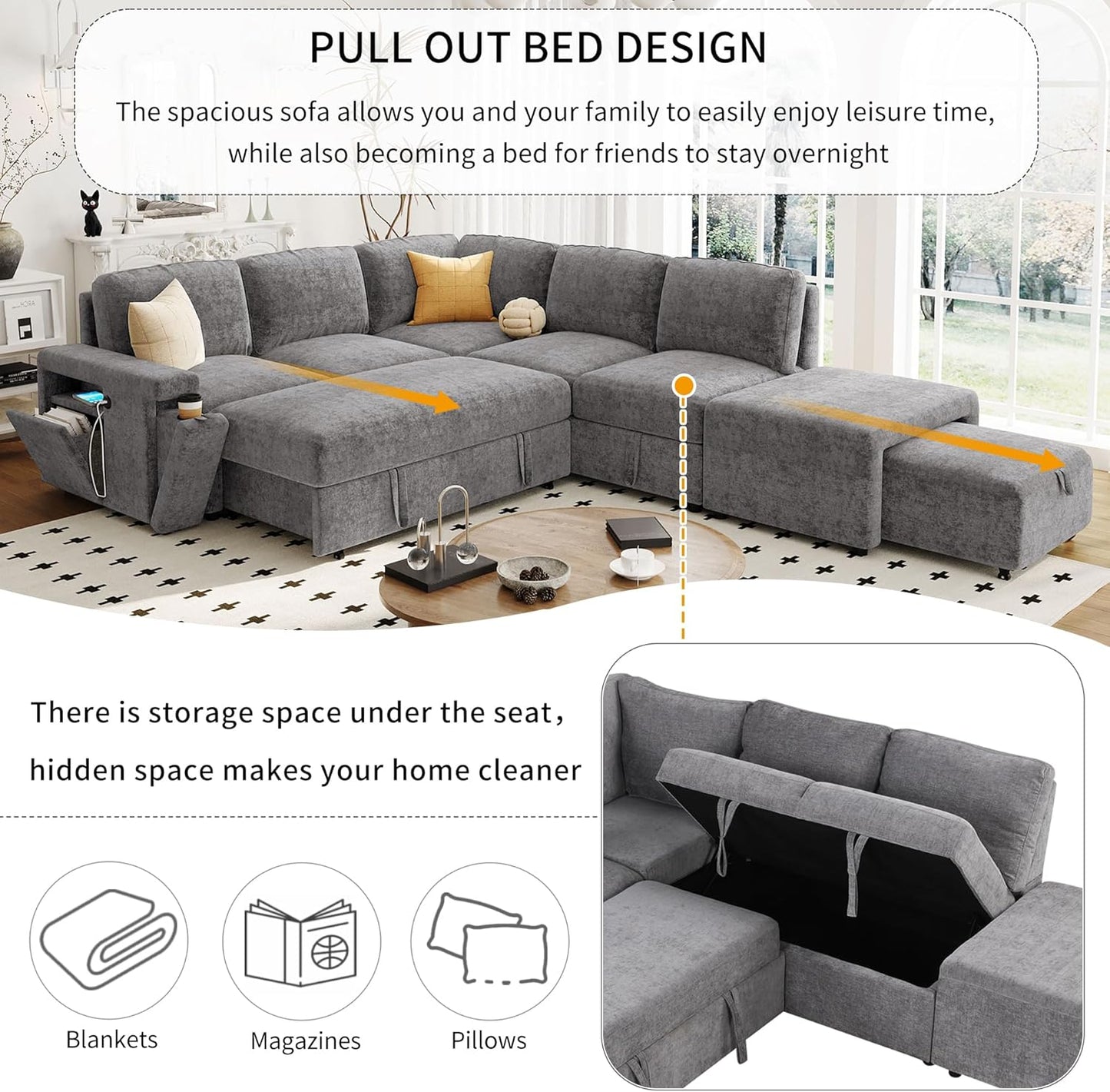 Merax L-Shaped Modular Sofa with Removable Storage Ottoman, USB Ports and Cup Holder, Upholstered Sectional Couch & Armrest, Free Combination Indoor Furniture for Living Room, Apartments, Gray
