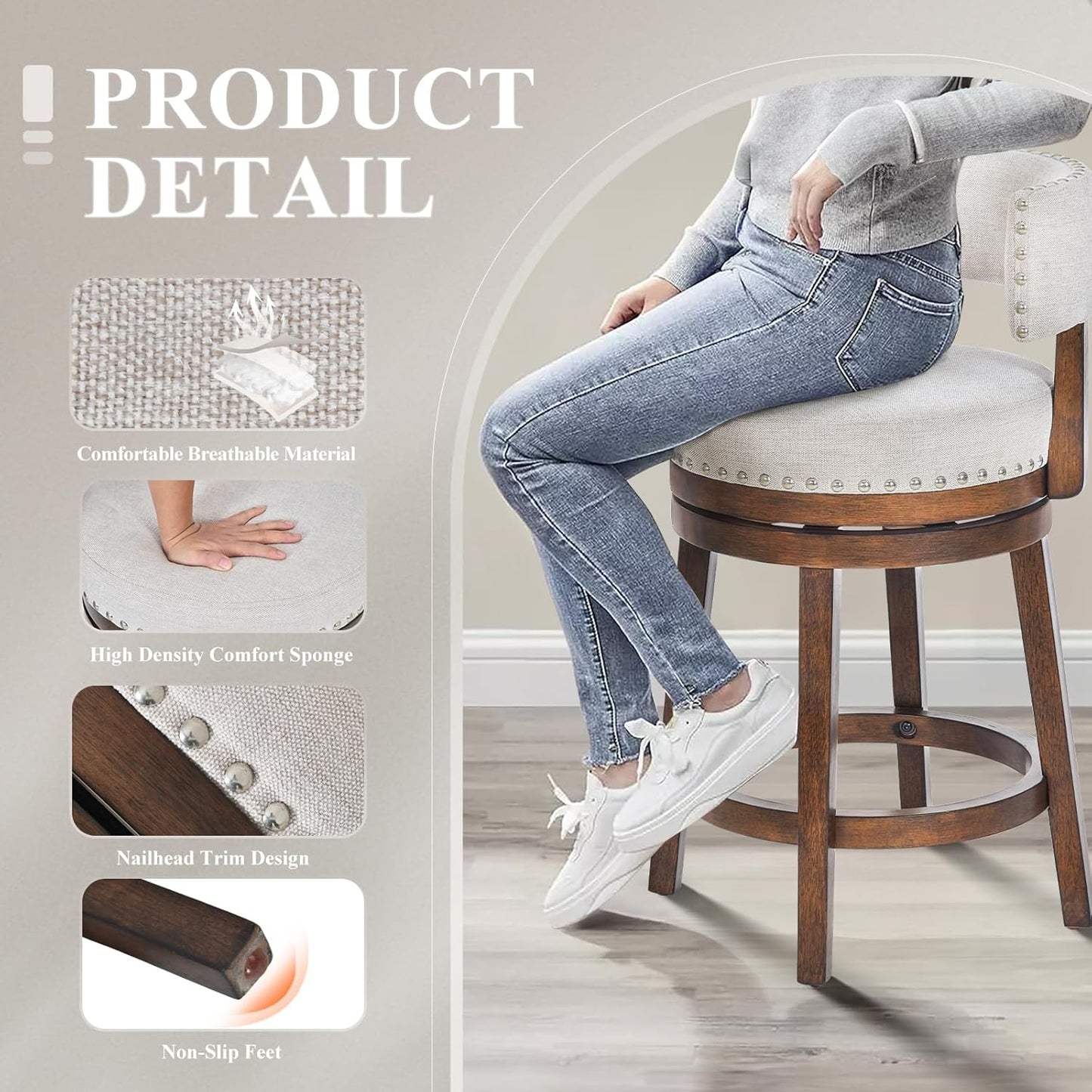 COLAMY Swivel Bar Stools Set of 4, Swivel Counter Height Barstools with Back, 25 Inch Modern Upholstered Bar Stools for Kitchen Island Dining Room Bar, Beige