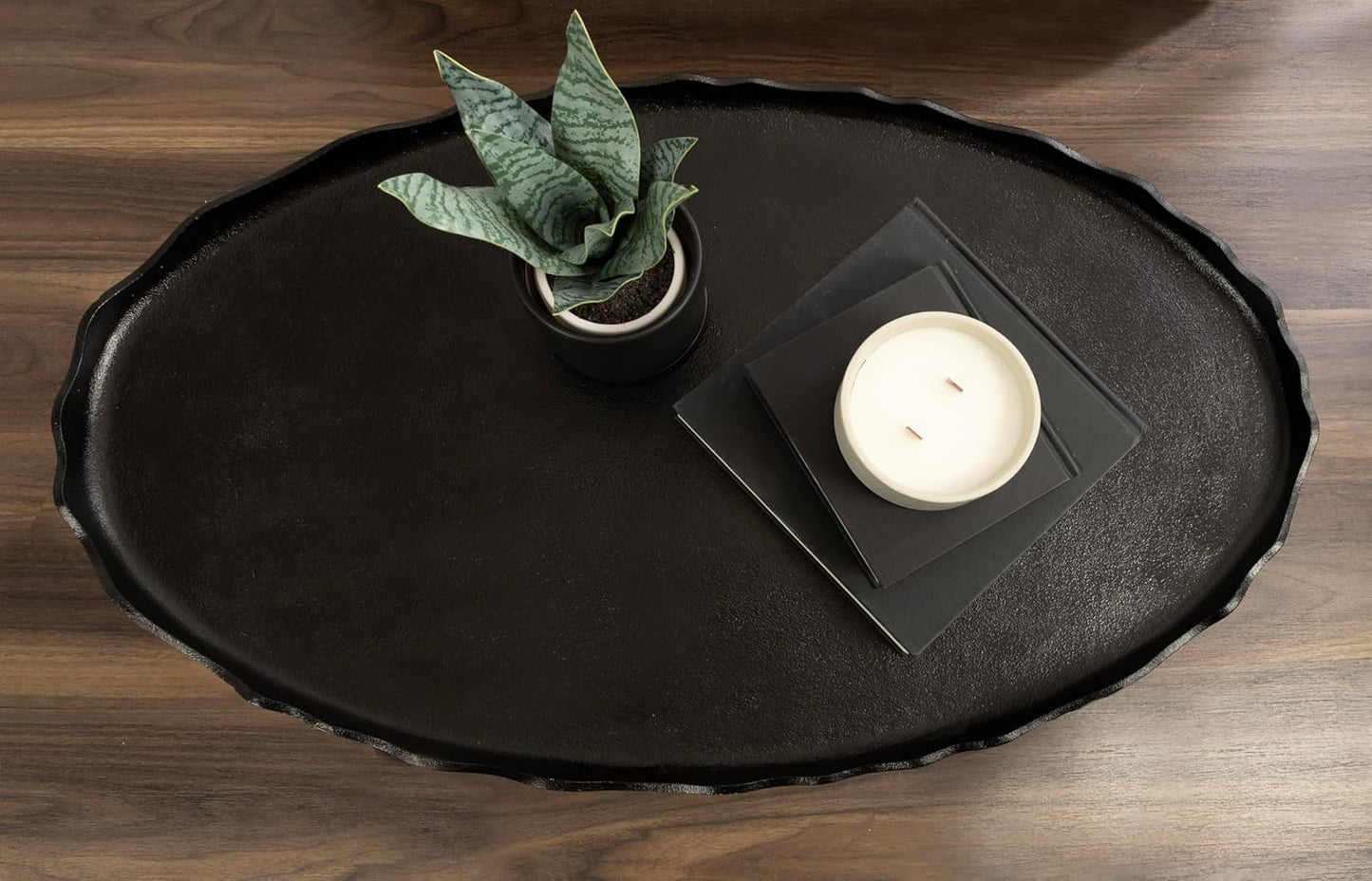 Kate and Laurel Alessia Modern Oval Coffee Table, 34 x 20 x 15, Black, Metal Living Room Table for Storage and Display with Antique Deckled Edge Detailing