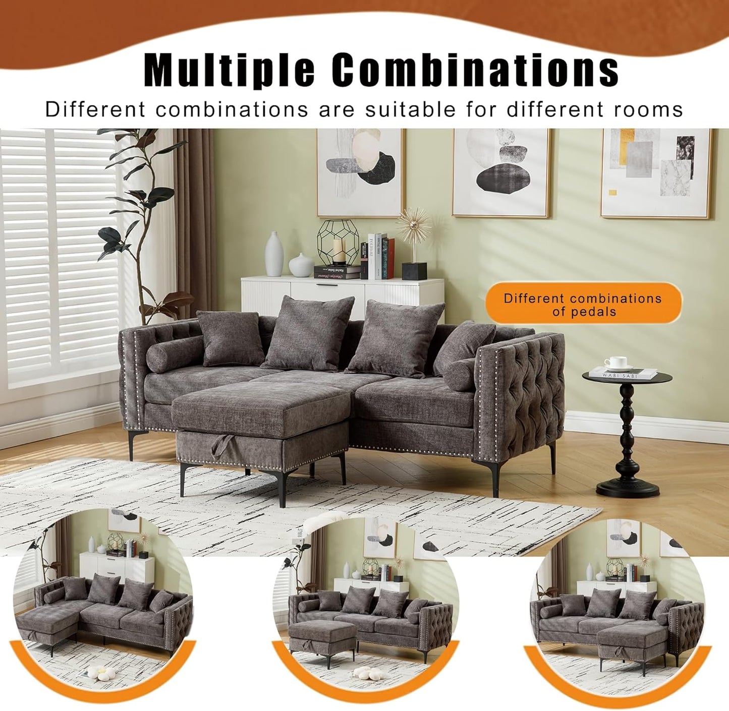 Ball & Cast 85" L Shaped Sectional Sofa with Storage Ottoman, Morden 3 Seater Tufted Couch with Nailhead Trim and Metal Legs for Living Room, Apartment, Office, Dark Gray