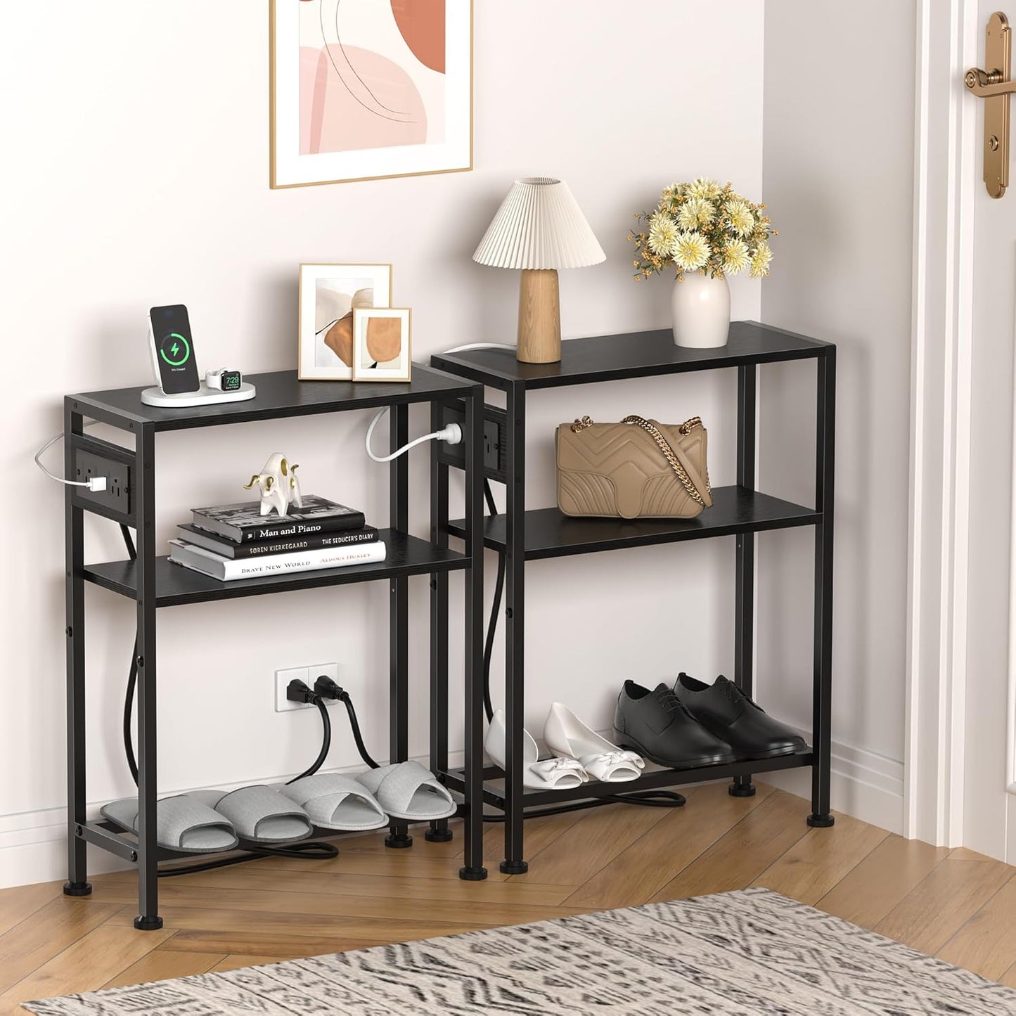 Small Narrow Side Table with Charging Station, Skinny End Table for Small Spaces, Slim Nightstand with Outlets, Sofa Bedside Table in Living Room, Bedroom, Study, Kitchen and Balcony(Black)