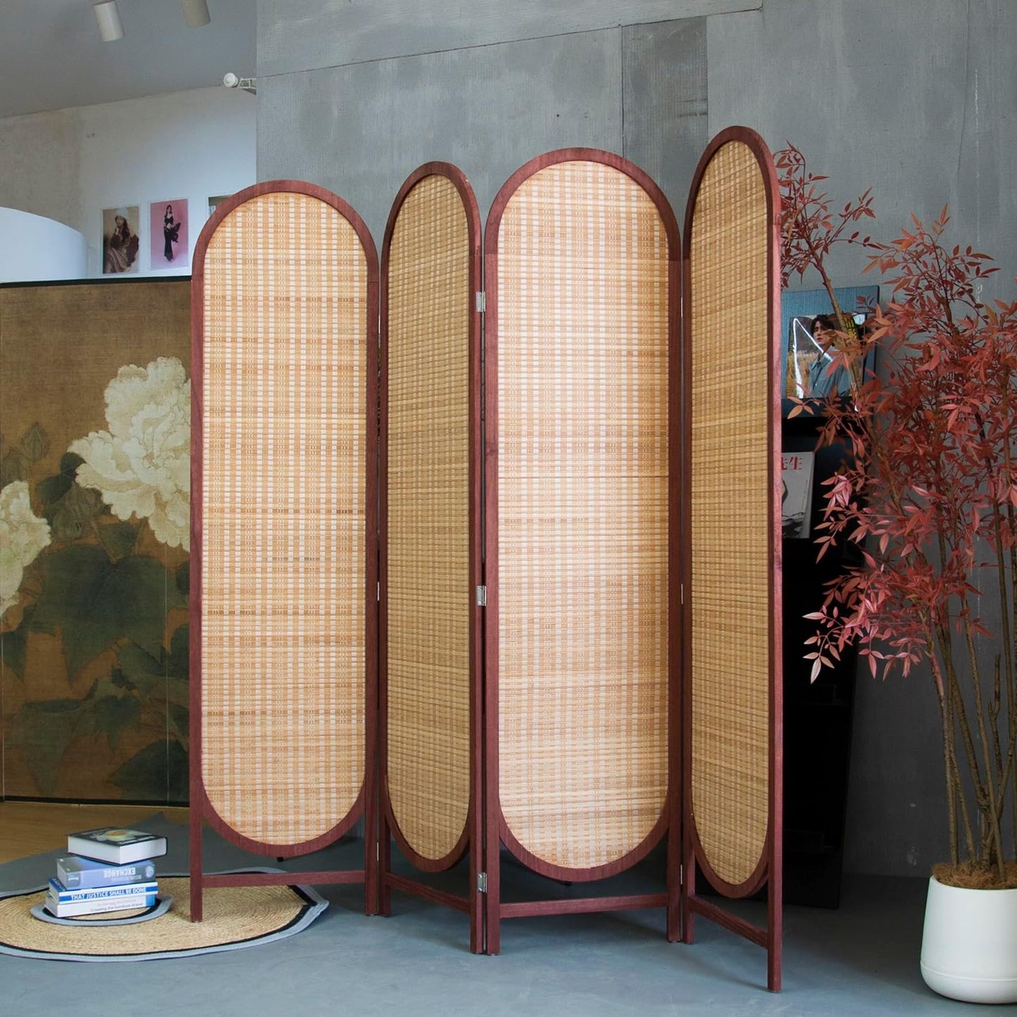 4 Panel Room Divider Screen and Folding Panel Screen in Arch Shape,Double Sided Panel Divider for Room Separation,Light Brown,70.9" H x 70.9" W