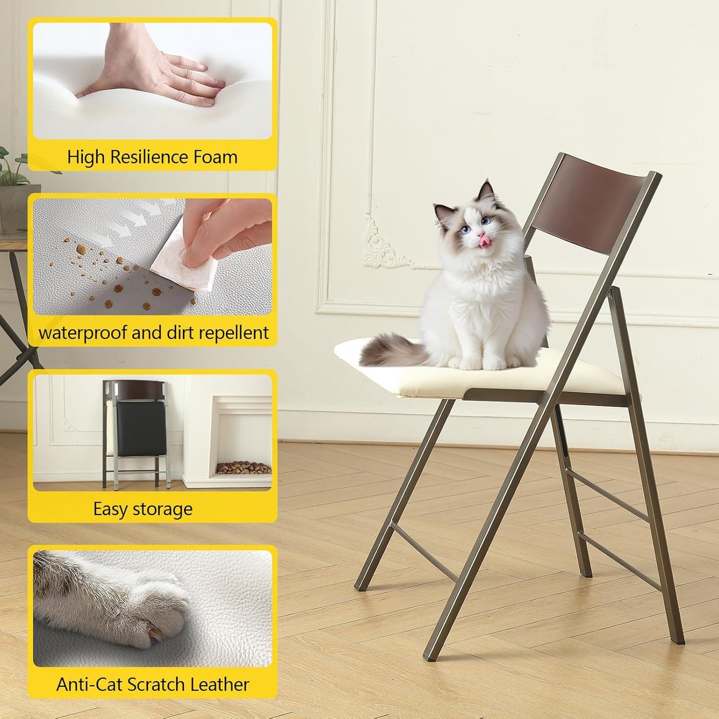 Folding Chairs with Cushion 2 Pack - Heavy Duty Steel Frame Foldable Dining Chairs, Waterproof Leather Indoor Outdoor Padded Chairs for Home, Conference Rooms,Weddings, Events (White)