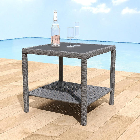Helios&Hestia Square All Weather Rattan Wicker Outdoor Coffee Side End Table with Glass Top for Patio, Deck, Backyard, Garden, Grey
