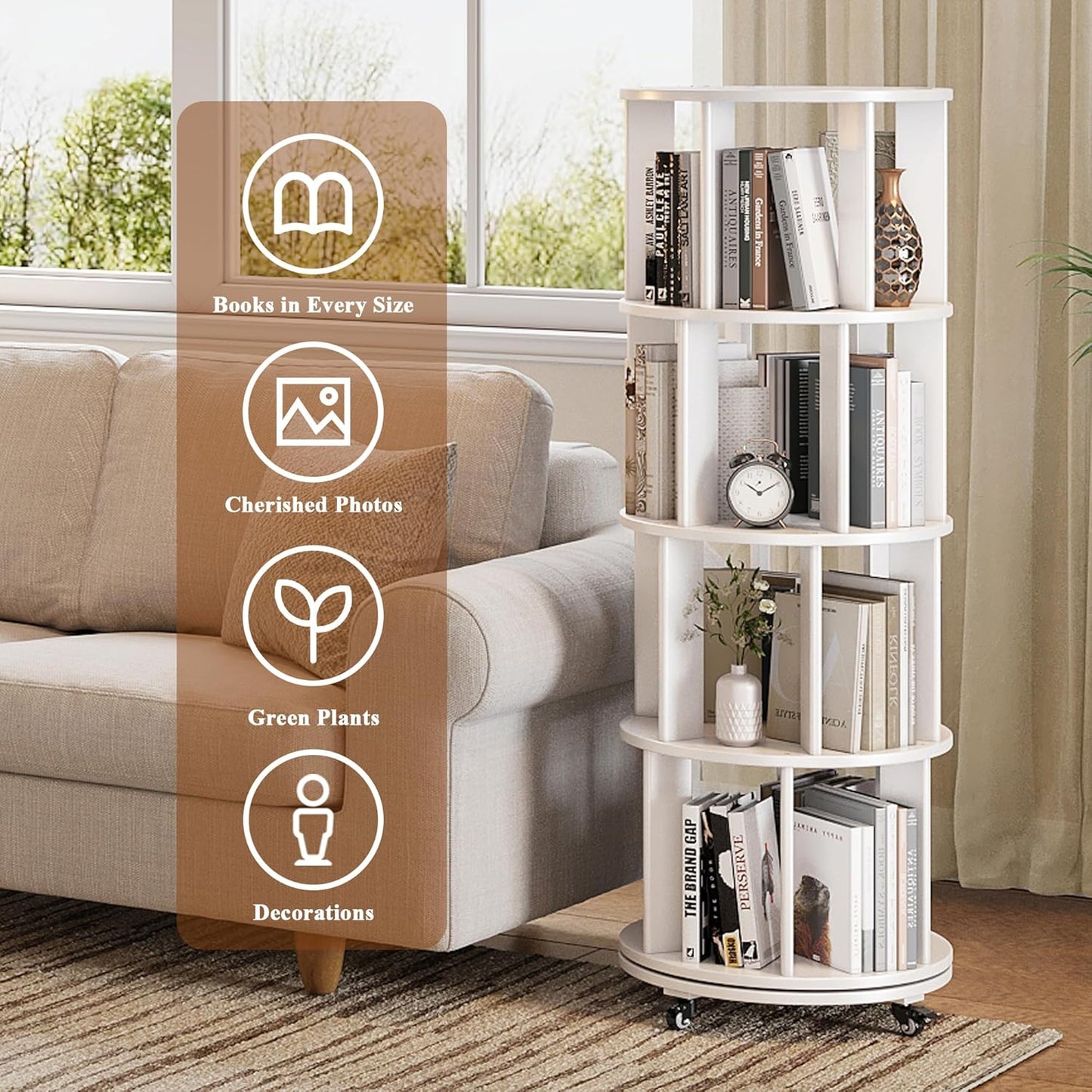 4 Tier Rotating Bookshelf Tower, 360 Spinning Bookcase Carousel with Lockable Wheels, Round Lazy Susan Organizer for Corner Bookshelf, Solid Wood Revolving Bookcase for Kids Room, Bedroom, Living Room