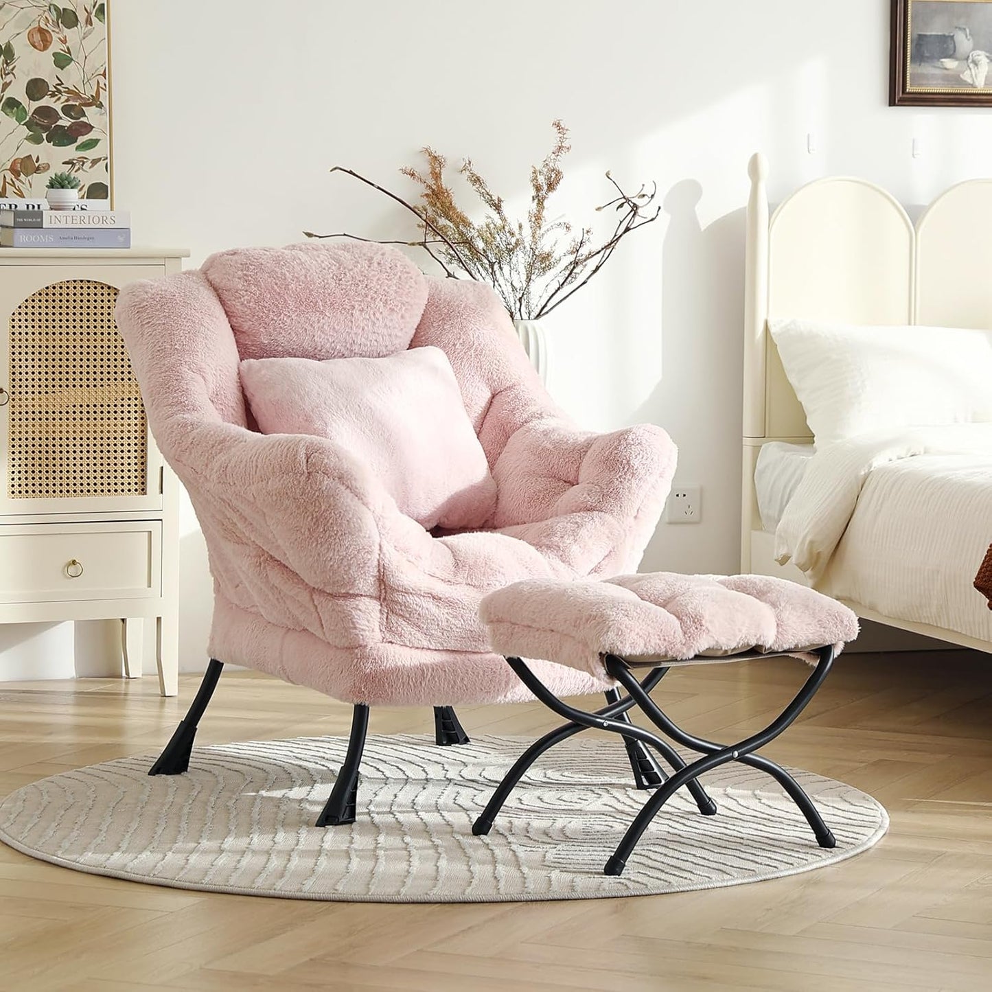 Large Lazy Chair with Ottoman, Accent Reading Chair with a Throw Pillow, Cozy Lounge Chair with Armrest, Leisure Sofa Chair for Living Room, Bedroom, Dorm, Plush Pink