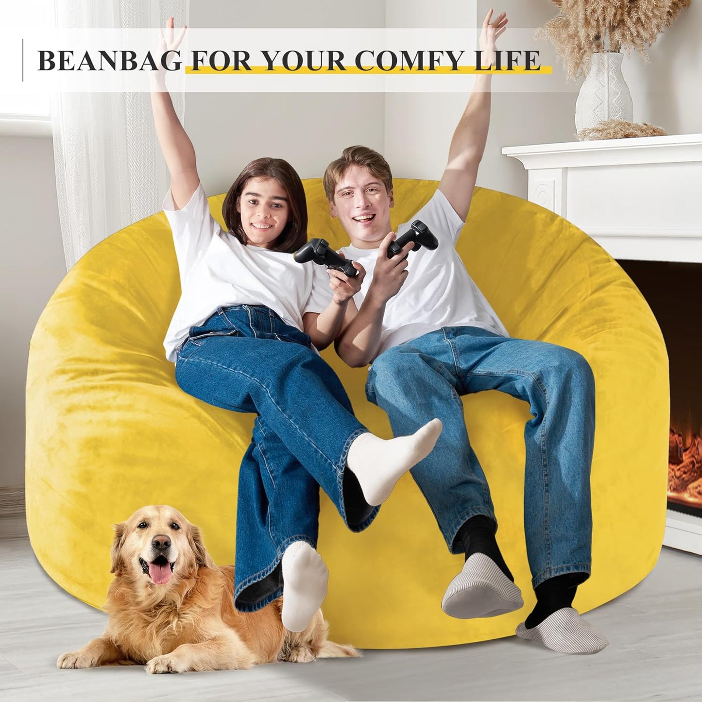 Homguava 5 FT Bean Bag Chair: 5' Bean Bags with Memory Foam Filled, Large Beanbag Chairs Soft Sofa with Dutch Velvet Cover-Mustard