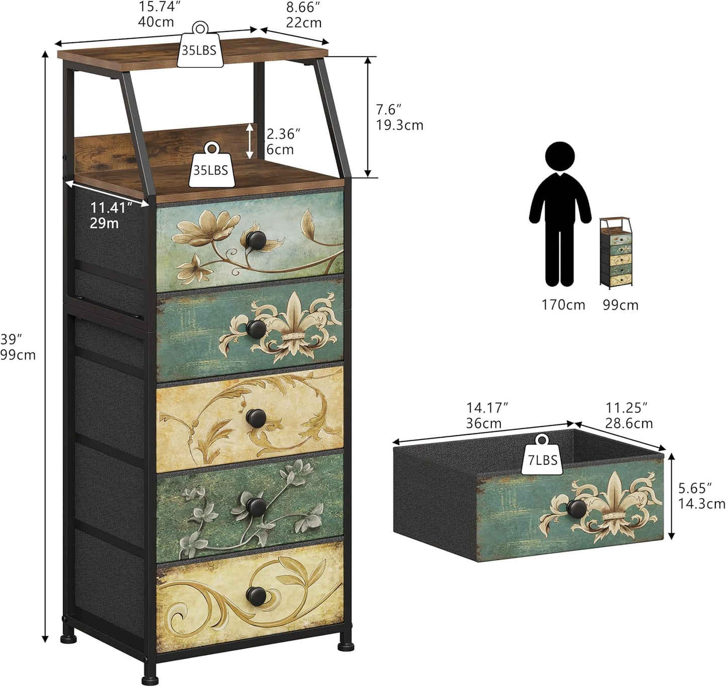 Tohomeor Nightstand with Fabric Drawers Dresser with 2 Tier Shelf Storage Tower for Bedroom Hallway Entryway Closet Organizer Sofa Beside Table Furniture (Multi, 5 Drawers)