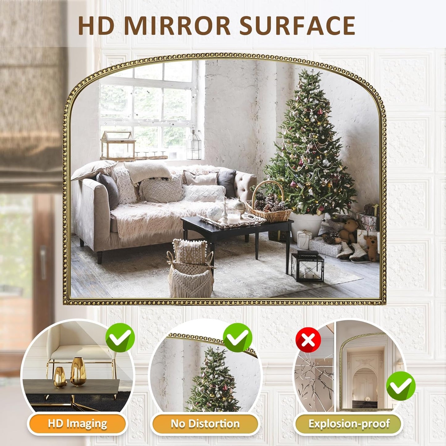 36"X28" Arched Wall Mirror for Fireplace Mantel, Vintage Gold Metal Beaded Accent Mirror, Distortion-Free Glass for Living Room, Entryway, Bathroom, Bedroom Decor