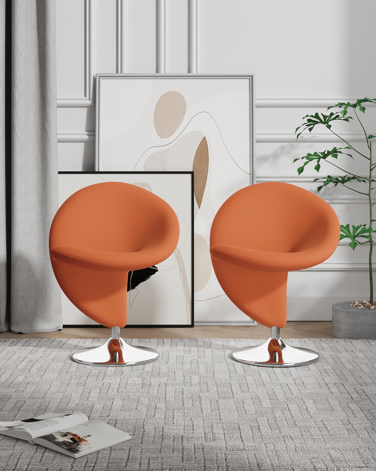 Manhattan Comfort Curl Swivel Accent Chair Set of 2 with 360° Turn, Fully Assembled, Wool Blend Upholstery, Modern Ergonomic Design with Polished Chrome Base, Living Room & Office, Set of 2, Orange
