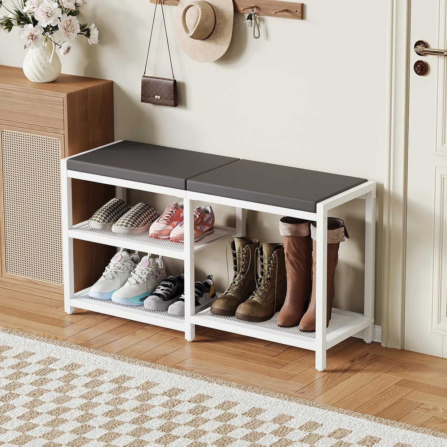 ZHOOGE Shoe Bench & Rack Storage Bench with Seat Cushion, Stable Entryway Bench Holds Up to 300 lb, (35" L x 12" W x 17" H, White)