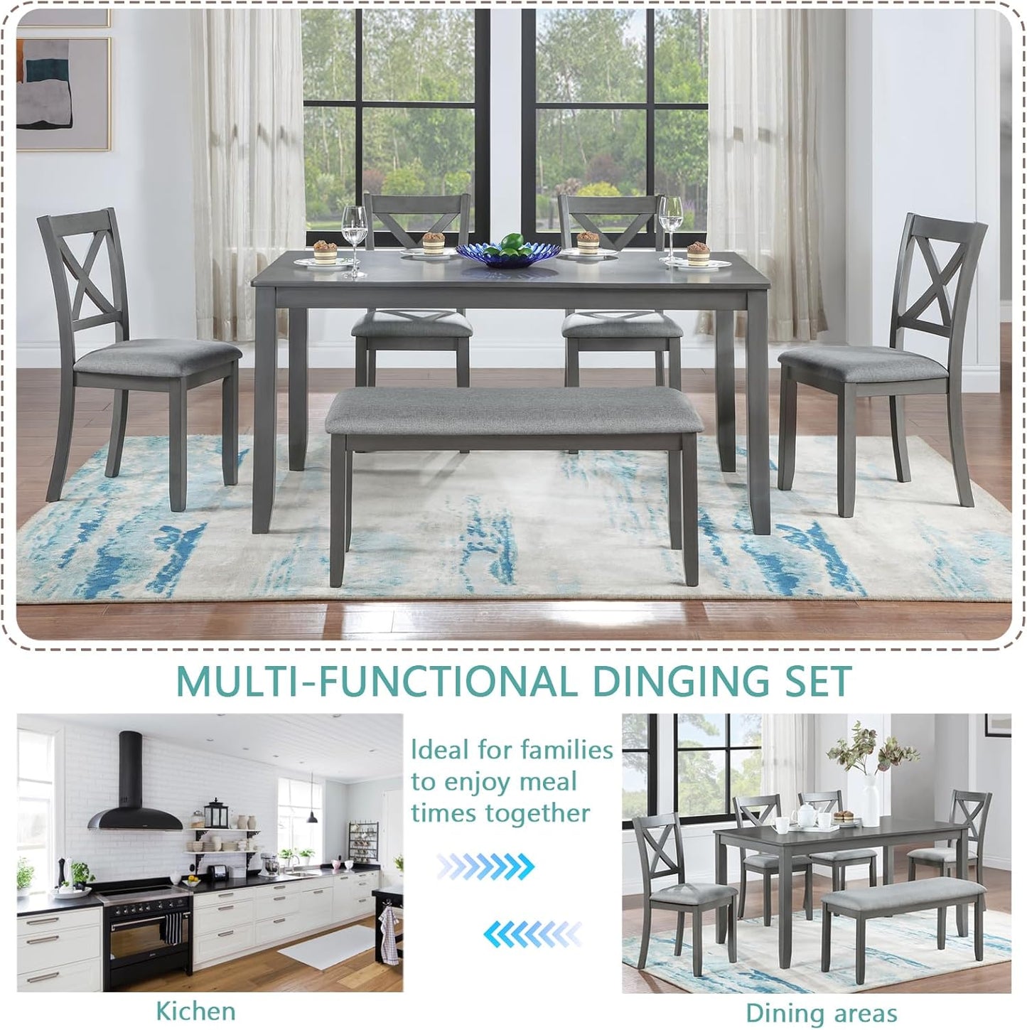 soges 6 Piece Kitchen Dining Set, Rectangular Wooden Dining Table with 4 Upholstered Chairs and a Bench, Dining Table Set for 6 People, Living Room, Home Bar and Kitchen, Gray