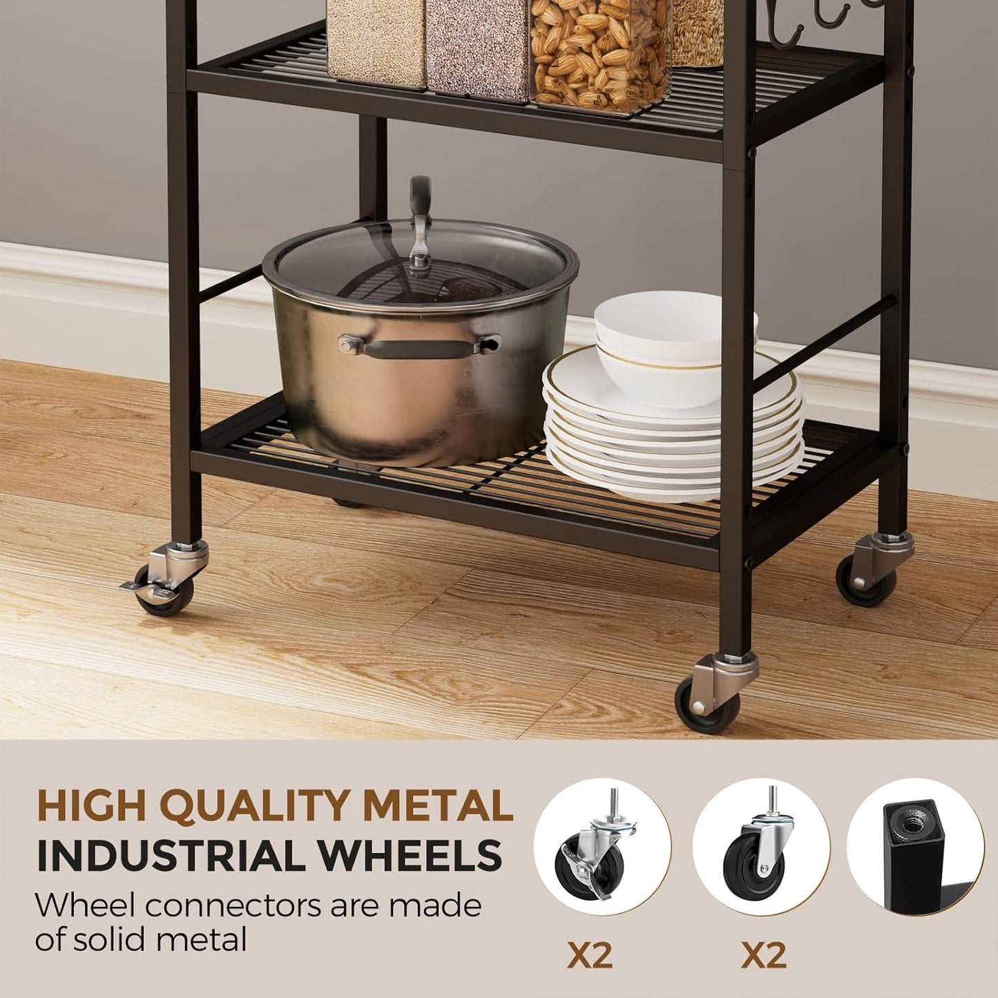 3-Tier Metal Storage Rack with Industrial Wheels,Mesh Shelving Unit with Wooden Table top,Adjustable Shelf,16.9-Inch Width,for Kitchen,Laundry,Pantry,Plant,Black
