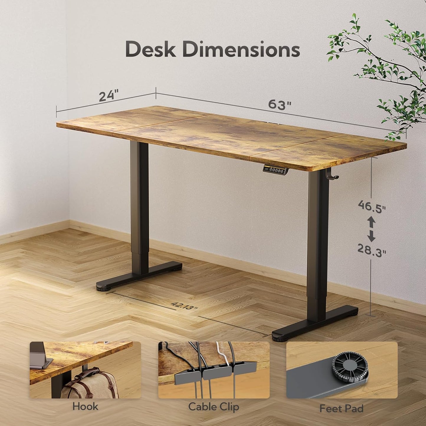 Claiks Electric Standing Desk, Adjustable Height Stand up Desk, 63x24 Inches Sit Stand Home Office Desk with Splice Board, Black Frame/Rustic Brown Top