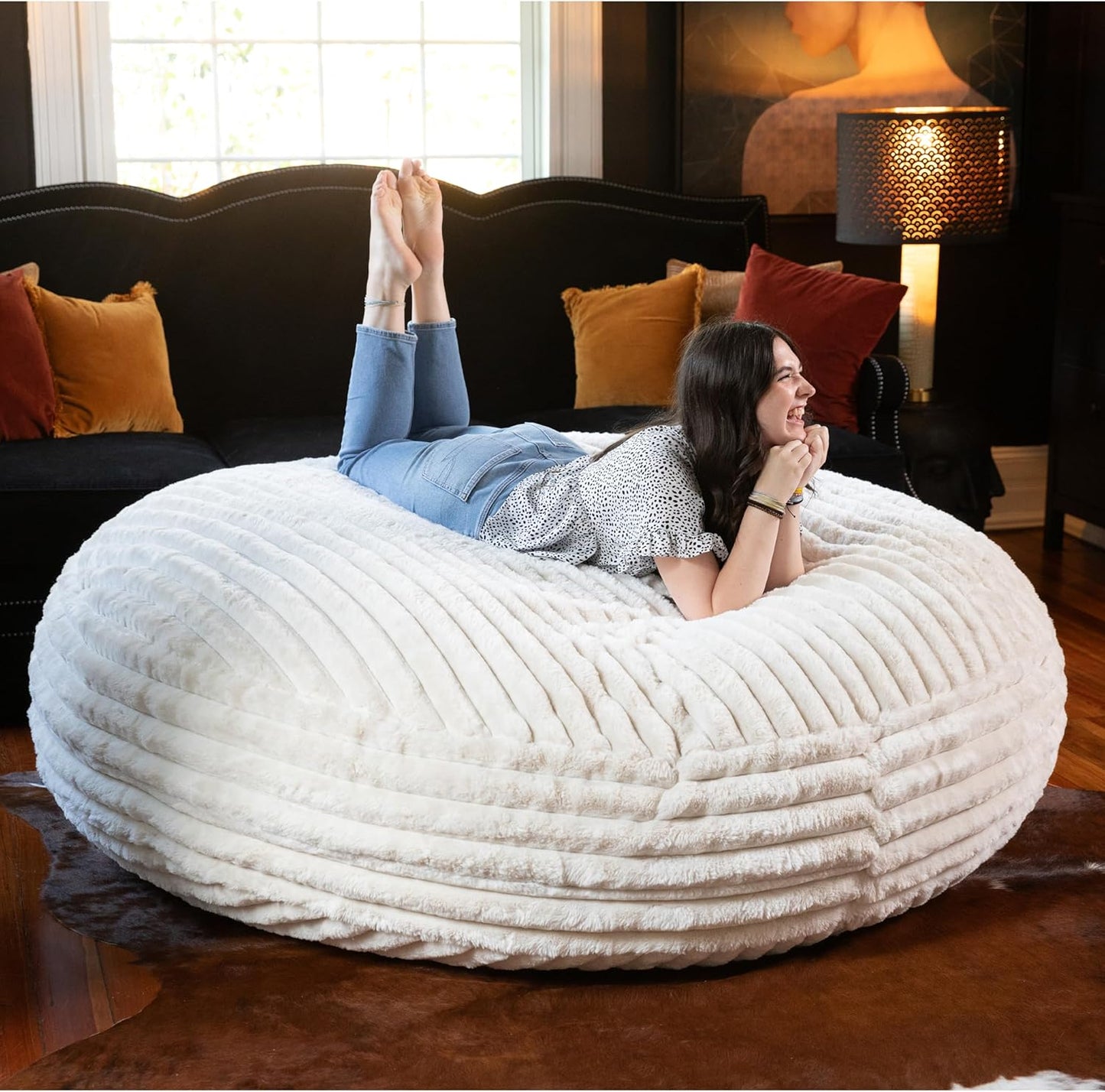 Jaxx 6 Foot Cocoon - 2-in-1 Convertible Bean Bag Bed & Large Bean Bag Chair for Adults, Premium Luxe Faux Fur - Mondo Ivory