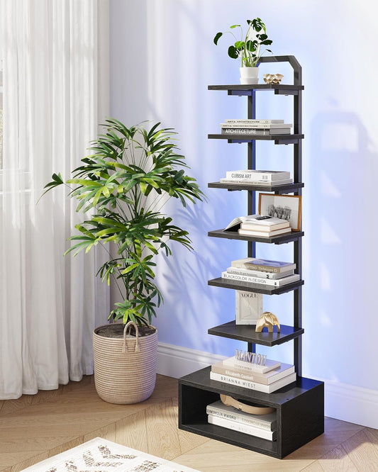 8-Tier Bookshelf, LED Bookcase with Semi-Open Bottom, Small Space Standing Shelf with Lights, Corner Storage Stand, for Living Room, Home Office, Bedroom, Black TSJ08DBB