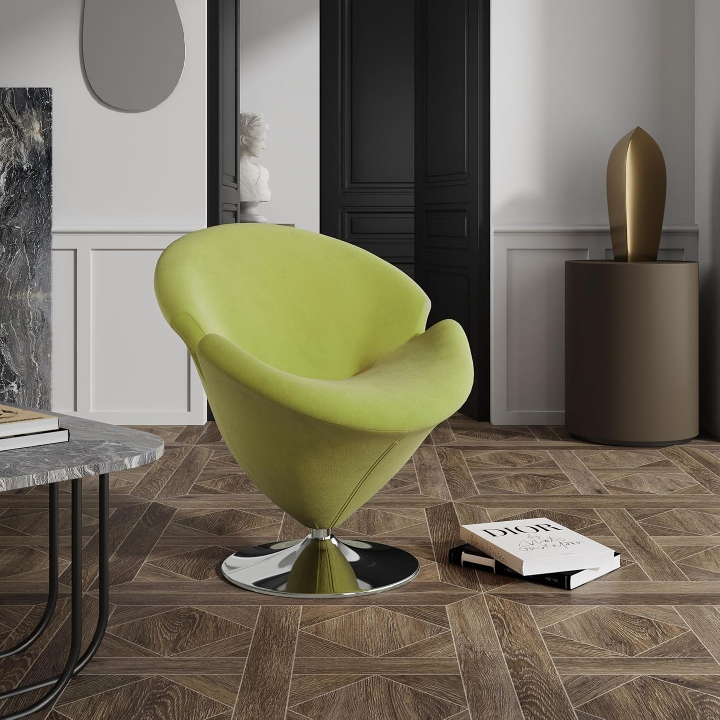 Manhattan Comfort Tulip Swivel Accent Chair with 360° Turn, Modern Flower Inspired Design, Soft Velvet Upholstery, Polished Chrome Base, No Assembly Required, 300 Lbs Capacity, Green