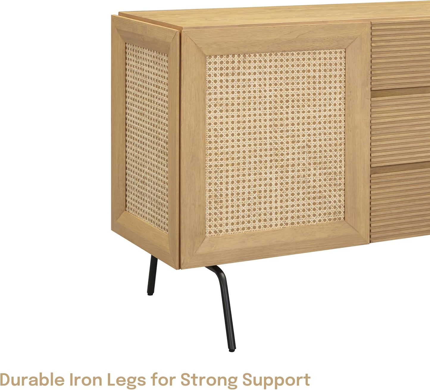 NTC MOSSIC Modern Sideboard with 4 Doors, Natural Rattan Storage Cabinet, Buffet with Metal Legs, Boho Accent Cabinet for Living Room, and Entryway, Effortless Assembly, Sand