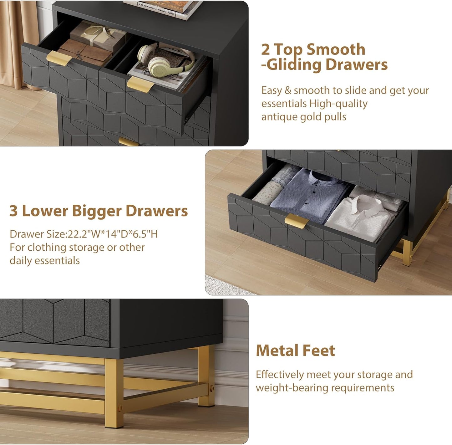 GAOMON Black 5 Drawer Dresser for Bedroom, Chest of Drawers with Metal Base, Modern Dresser Chest Cabinet Organizer for Living Room, Hallway, Closet