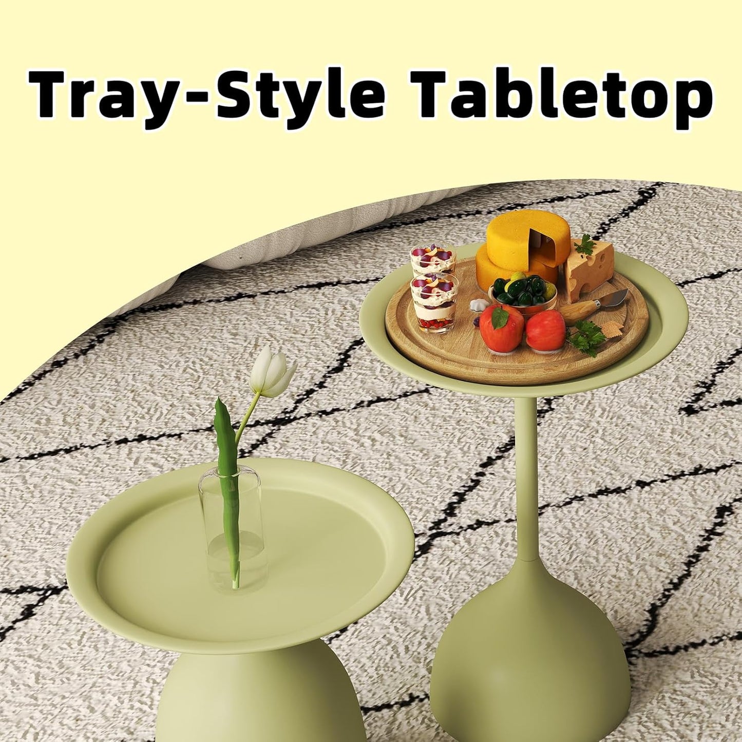 hitsuki Green Nesting Coffee Table Set of 2 Funky Colorful Round Metal End Side Tables for Living Room Sofa Retro Modern Pedestal nightstand Cute Matte Cream Green Side Table