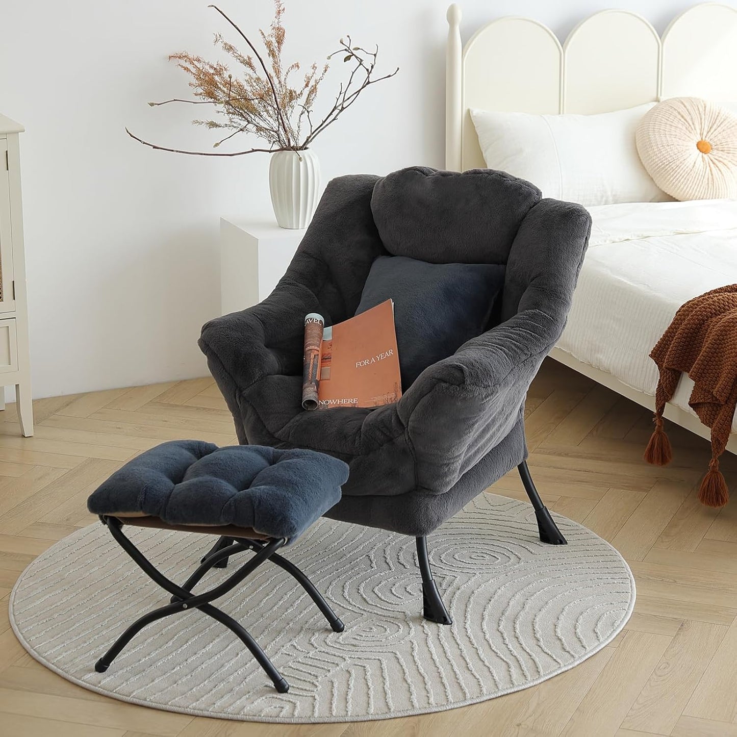 Lazy Chair with Ottoman, Reading Chair with a Pillow, Leisure Sofa Armchair with Ottoman, Large Accent Lounge Chair for Bedroom, Living Room, Dorm Room, Plush Blue-Gray