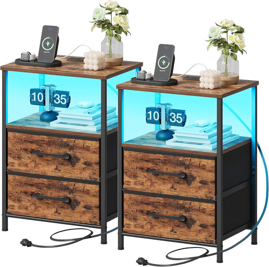 Nightstands Set of 2, Night Stand with Charging Station and Led Lights, Bedside Table with 2 Fabric Drawers for Bedroom, Small Side End Table with Open Shelf, Rustic Brown