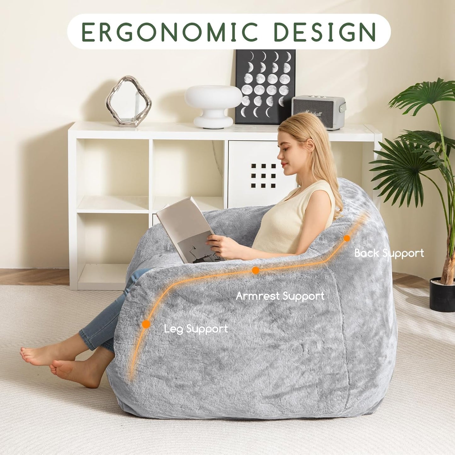 HIGOGOGO Giant Bean Bag Chair for Adults, Big Comfy Sofa Chair for Bedroom Living Room, Bean Bag Lazy Chair for Adults with Armrests for Gaming, Reading, Silver Grey