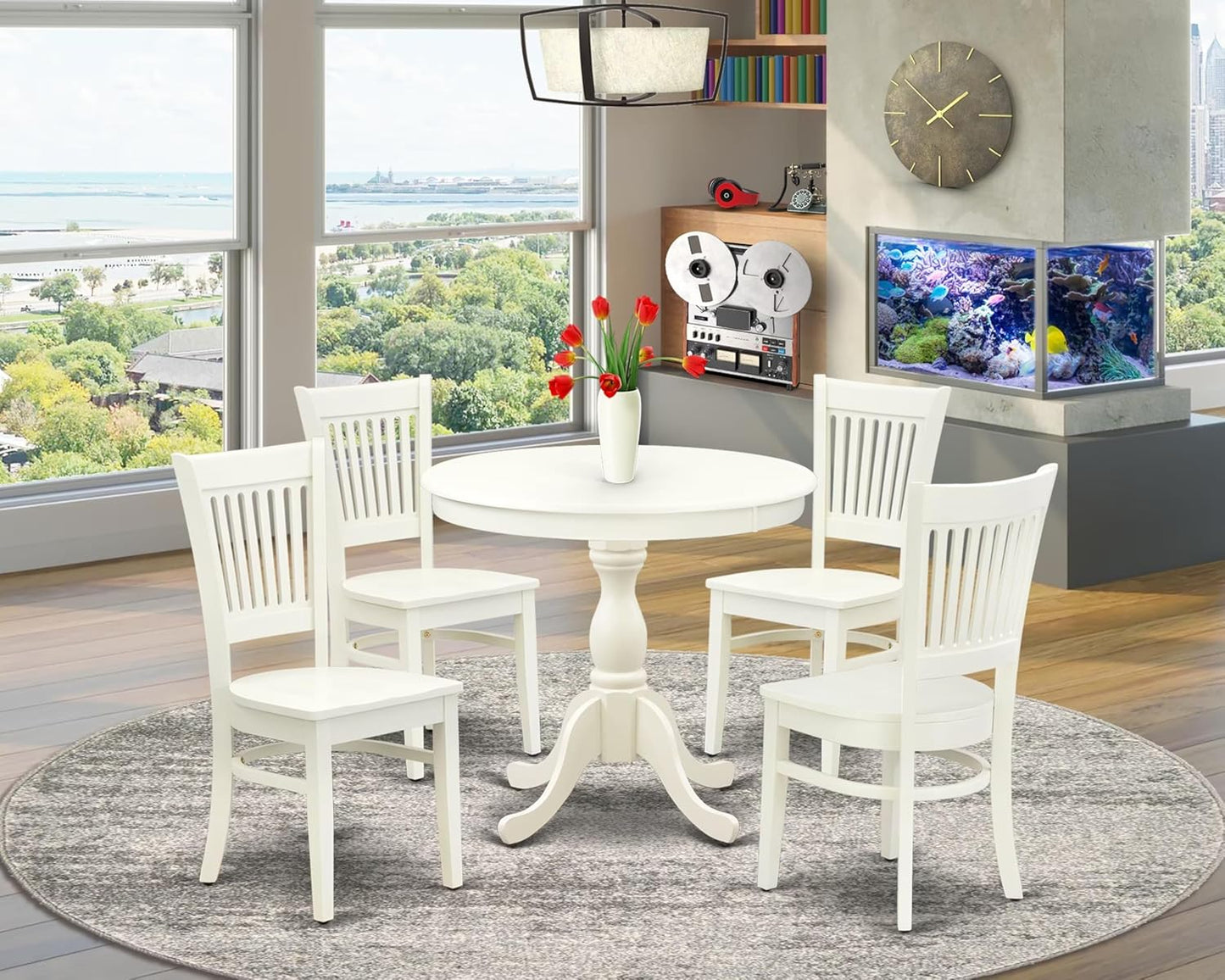 East West Furniture AMVA5-LWH-W 5 Piece Kitchen Table & Chairs Set Includes a Round Dining Room Table with Pedestal and 4 Dining Chairs, 36x36 Inch, Linen White