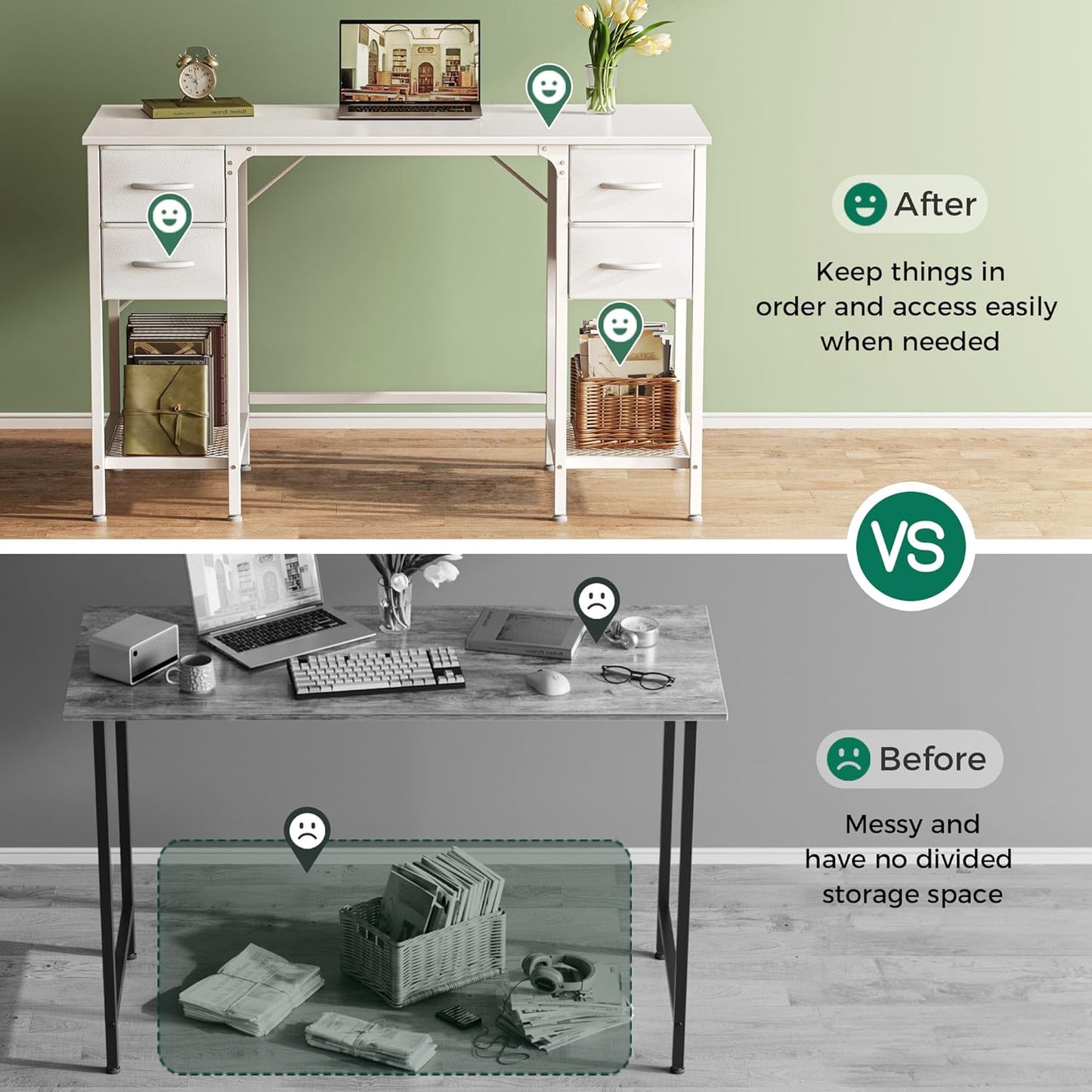 Huuger 47 Inch White Desk with 4 Drawers, Vanity Desk with Mesh Shelf, Study Table with Large Storage, Computer Desk for Home Office, Bedroom, Work from Home