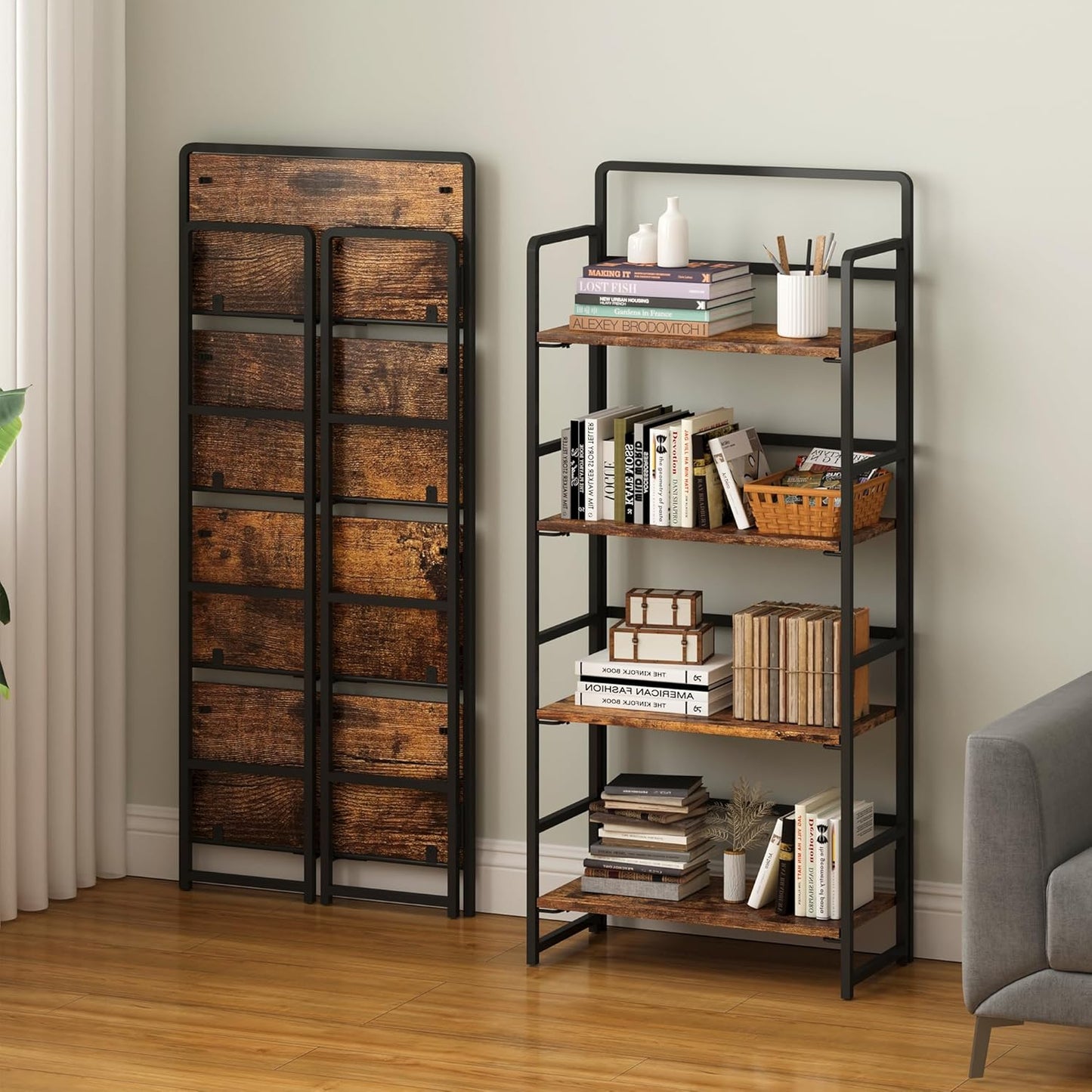 4NM No Assembly Folding Bookshelf, 4-Shelf 54" H Collapsible Foldable Bookcase Storage for Small Spaces, Rustic Brown and Black
