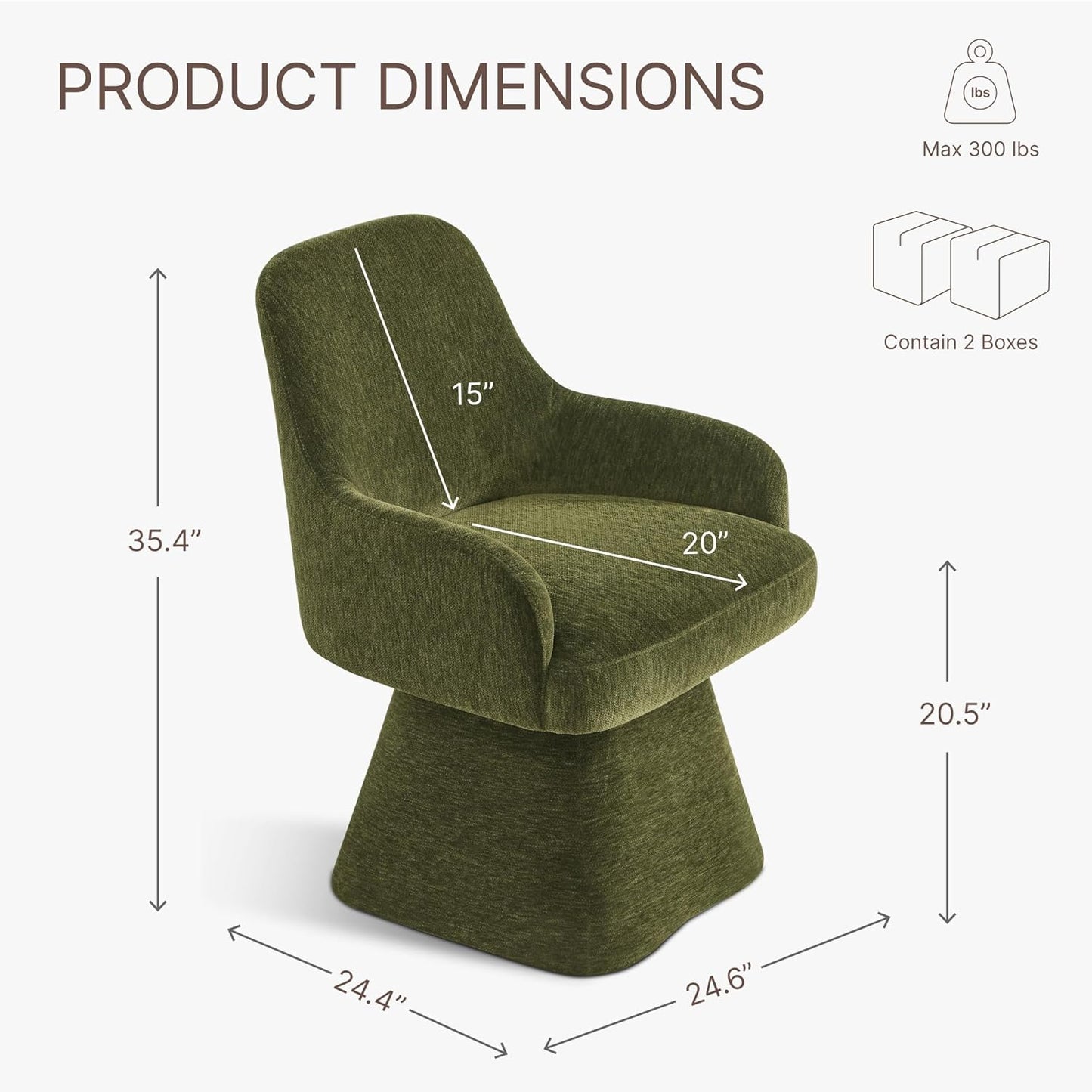 Swivel Dining Chairs Set of 2, Mid Century Modern Chairs Fabric Upholstered Armchair with Armrest & Ergonomic Backrest for Dining Room, Kitchen, Bedroom, Living Room, Green, 2 Boxs