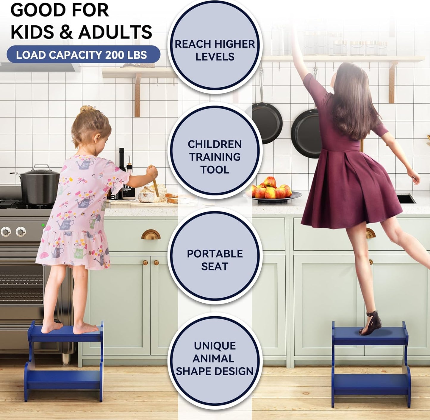 Wood Step Stools for Kids, Child Two Step Stool of Whale Shape, Toddler Step Stools Potty Training Stool, Easy to Move Safety for Kitchen, Bathroom, Bedroom, Toilet