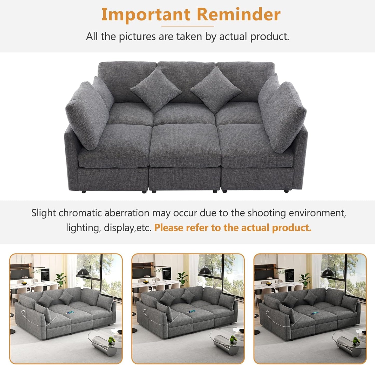 Ball & Cast Oversize Modular Sectional Sofa,85.4" 5-Seater Couch with USB Ports and 9 Pillows,Chenille Upholstered Convertible Sleeper Sofabed w/Movable Ottoman,for Living Room,Grey