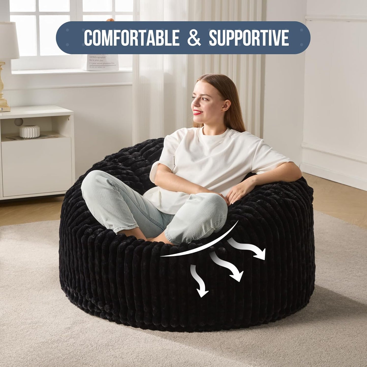 Hobestluk 3ft Bean Bag Chairs for Adults Large Beanbag Chair with Stripe Plush Cover Big Bean Bag Chair for Living Room Bedroom Dorm Office - Black (36” x 36” x 22”)