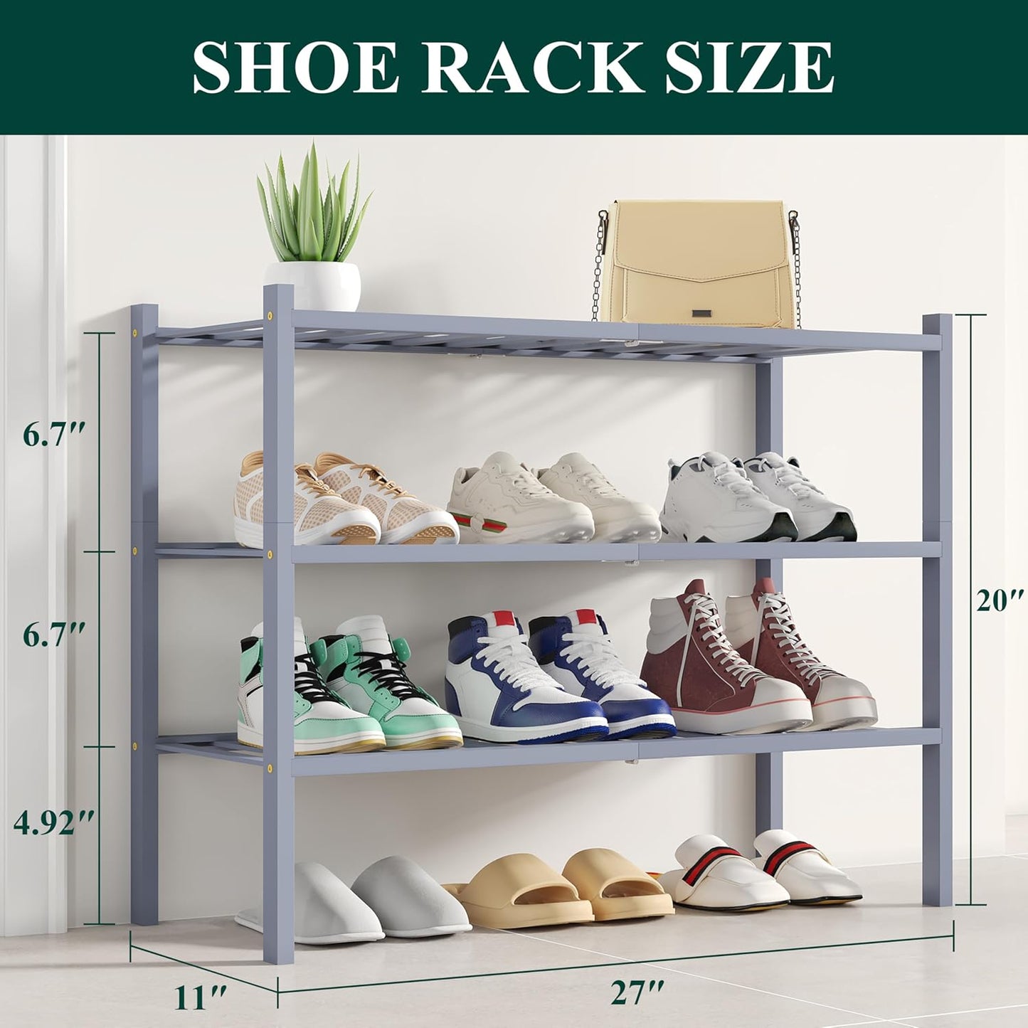 Smiry Shoe Rack, 3 Tier Bamboo Shoe Organizer, Stackable Free Standing Wooden Shoe Storage Shelf for Closet, Entryway, Front Door Entrance, Grey