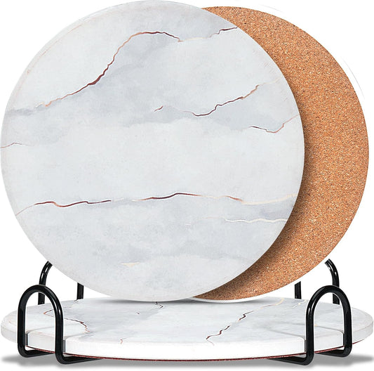 3-Pcs 7'' Ceramic Marble Style Trivet with Holder, Absorbent Trivets for Hot Dishes, Cork Bottom Anti-Slip Trivet Mats for Hot Pots and Pans