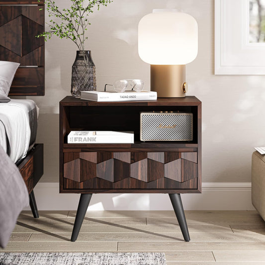 Bme Georgina Solid Wood Nightstand With 1 Drawer & Open Shelf- Fully Assembled Mid Century Modern Side Table - Geometric Pattern Bedside Dresser for Bedroom and Living Room