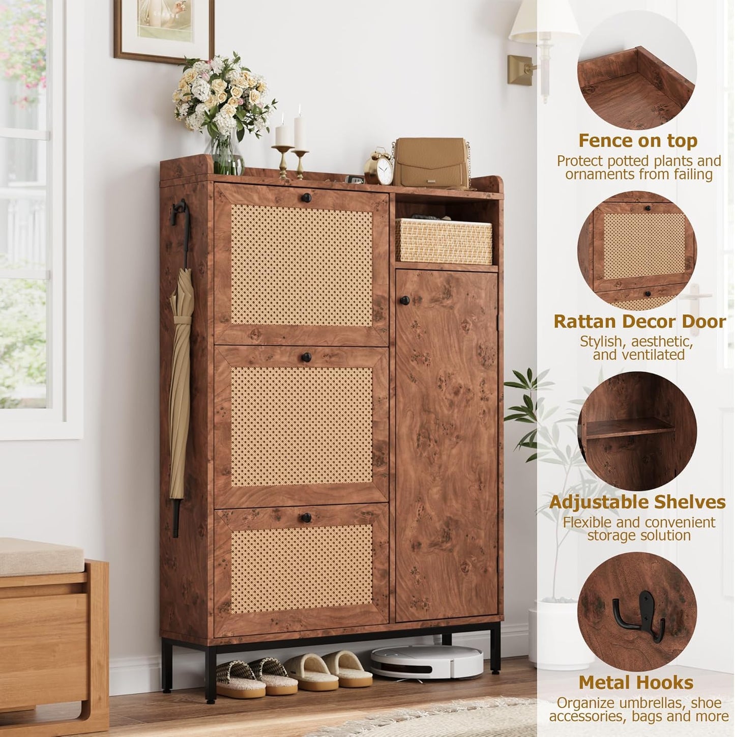 GarveeHome Shoe Cabinet Rattan with 3 Flip Drawers and 4-Tier Shoe Storage Cabinet, Freestanding Shoe Organizer with Adjustable Shelves for Entryway, Closet, Hallway (Tree Pomegranate)