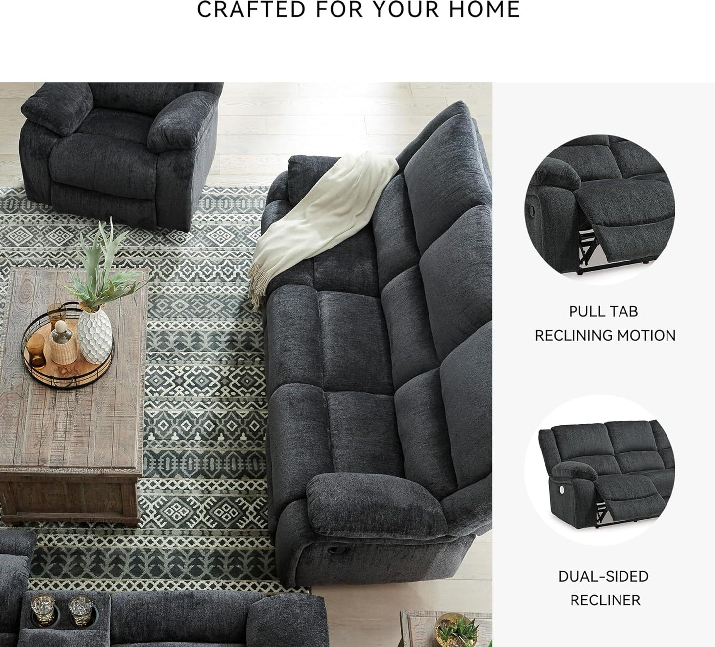 Signature Design by Ashley Draycoll Contemporary Manual Pull Tab Reclining Sofa, Dark Gray