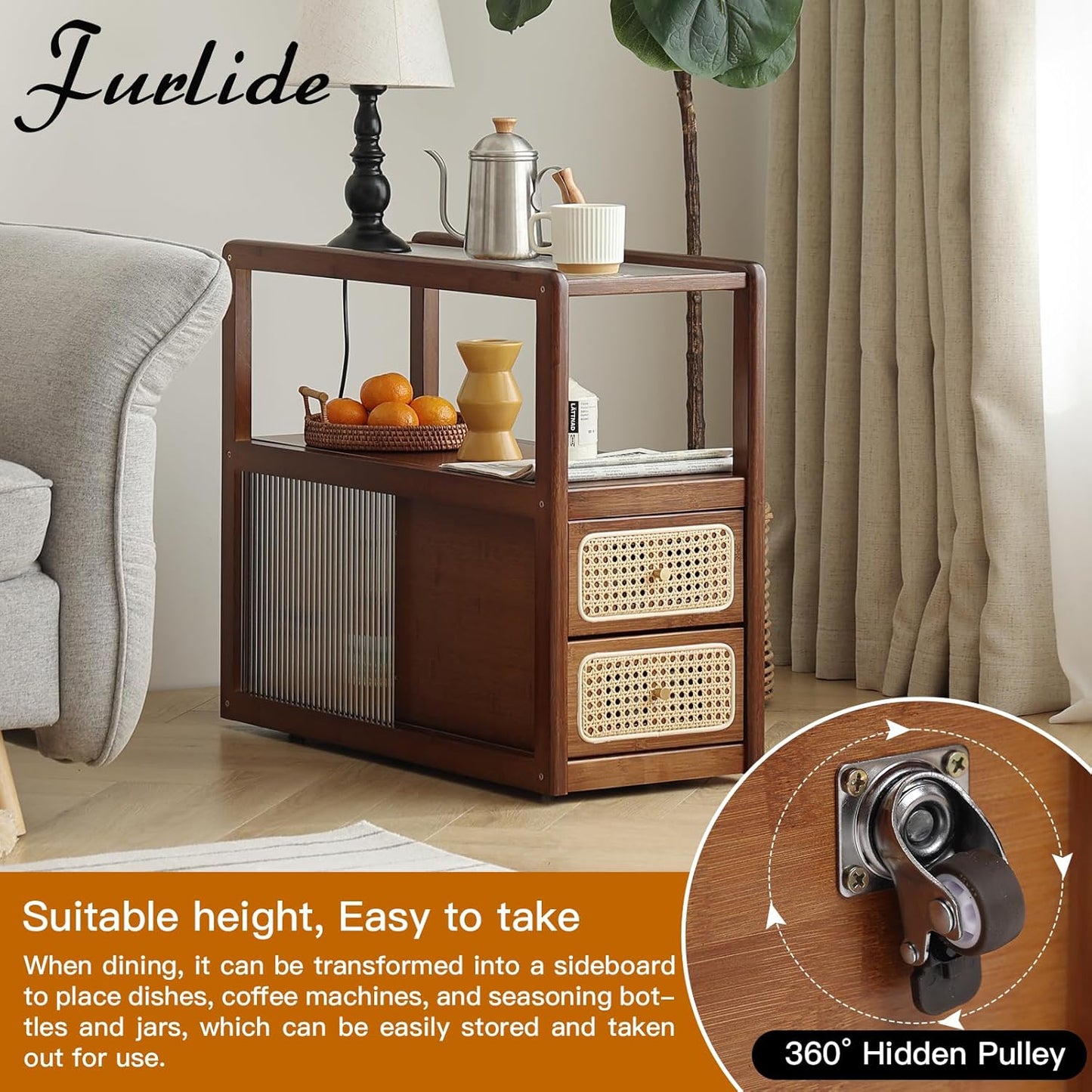 Rattan Nightstand Side Table with Storage, Bamboo Nightstand Bedside Table, Glass Mid Century Modern End Tables for Small Spaces, Living Room, Bedroom，Walnut